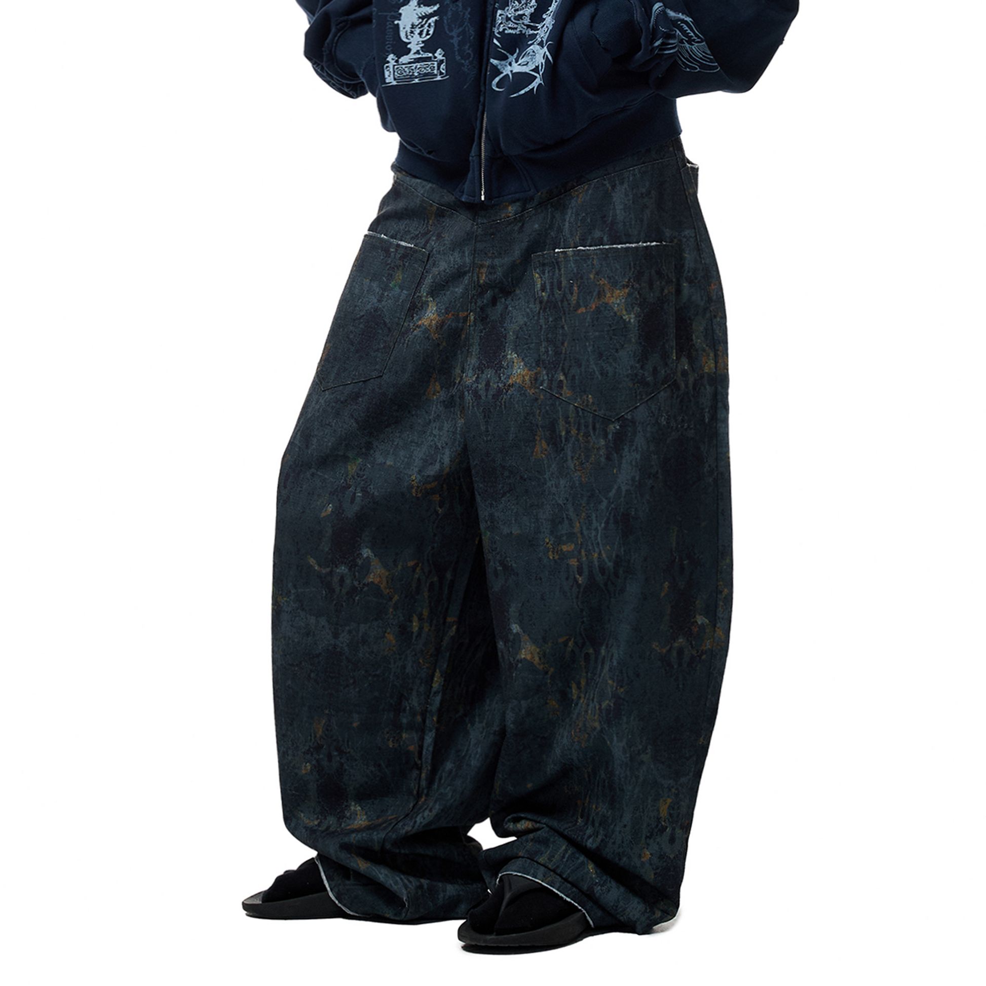 CYCYCY Washed Mottled Flame Graphic Denim Pants-Pants-XXS / 27"-Free Shipping Leatheretro