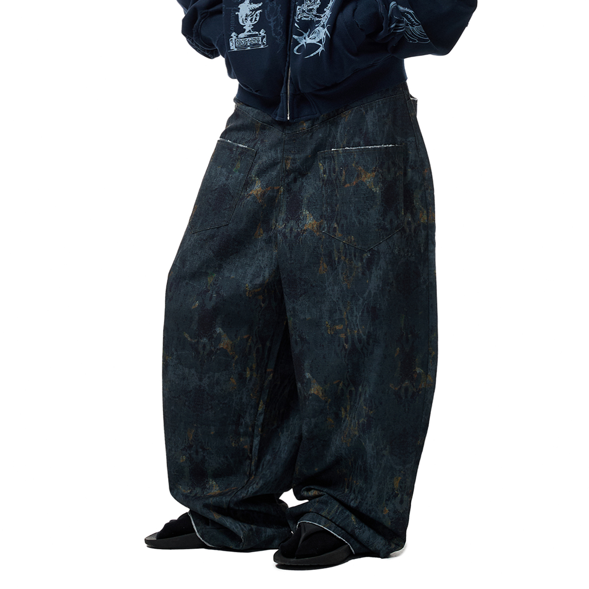 CYCYCY Washed Mottled Flame Graphic Denim Pants-Pants-XXS / 27"-Free Shipping Leatheretro