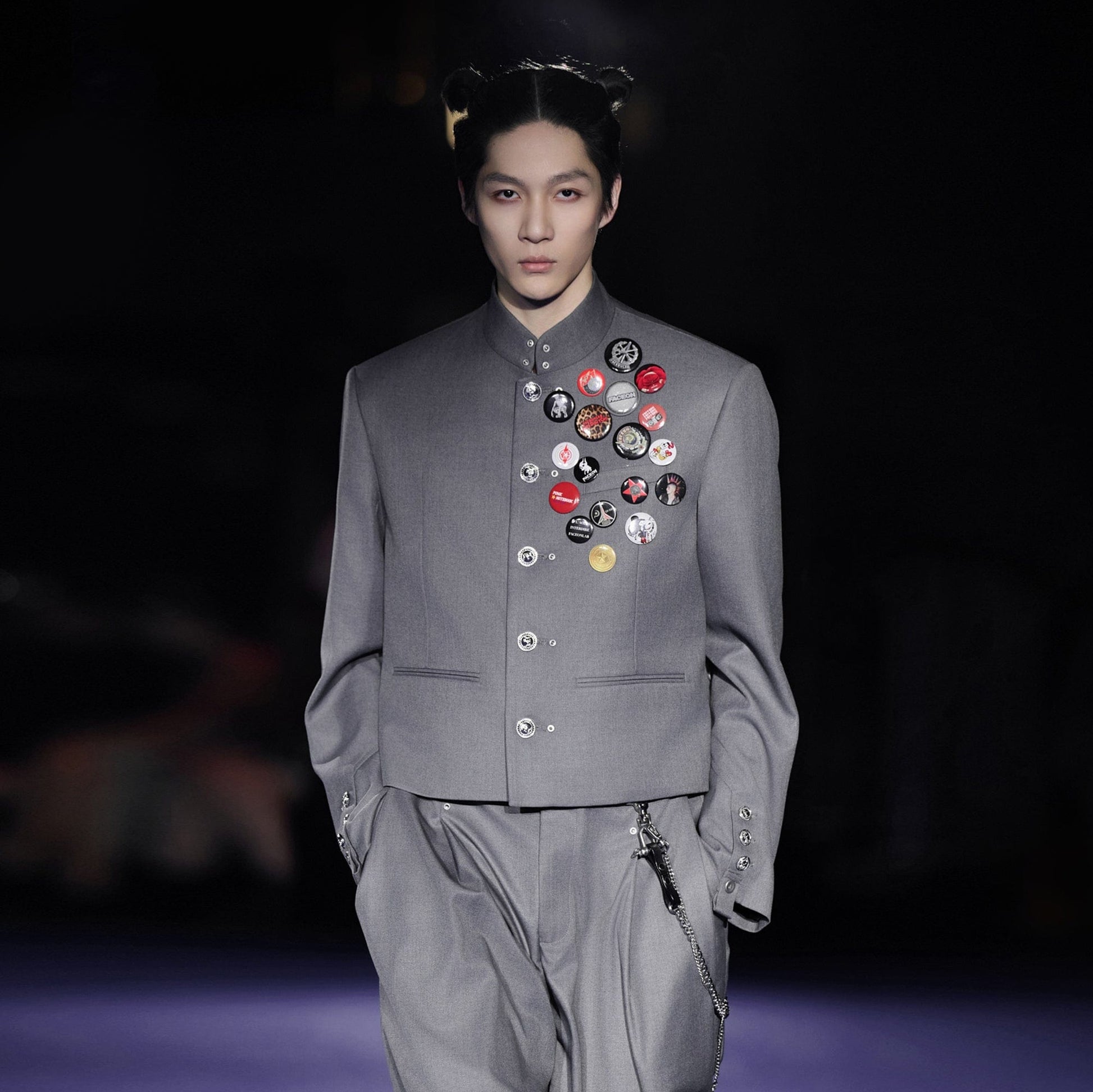 FACEONLAB Wool-Blended Cropped Uniform Blazer Gray-Jacket-M-With Badge-Free Shipping Leatheretro