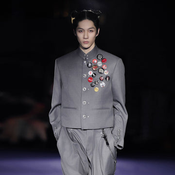 FACEONLAB Wool-Blended Cropped Uniform Blazer Gray-Jacket-M-With Badge-Free Shipping Leatheretro