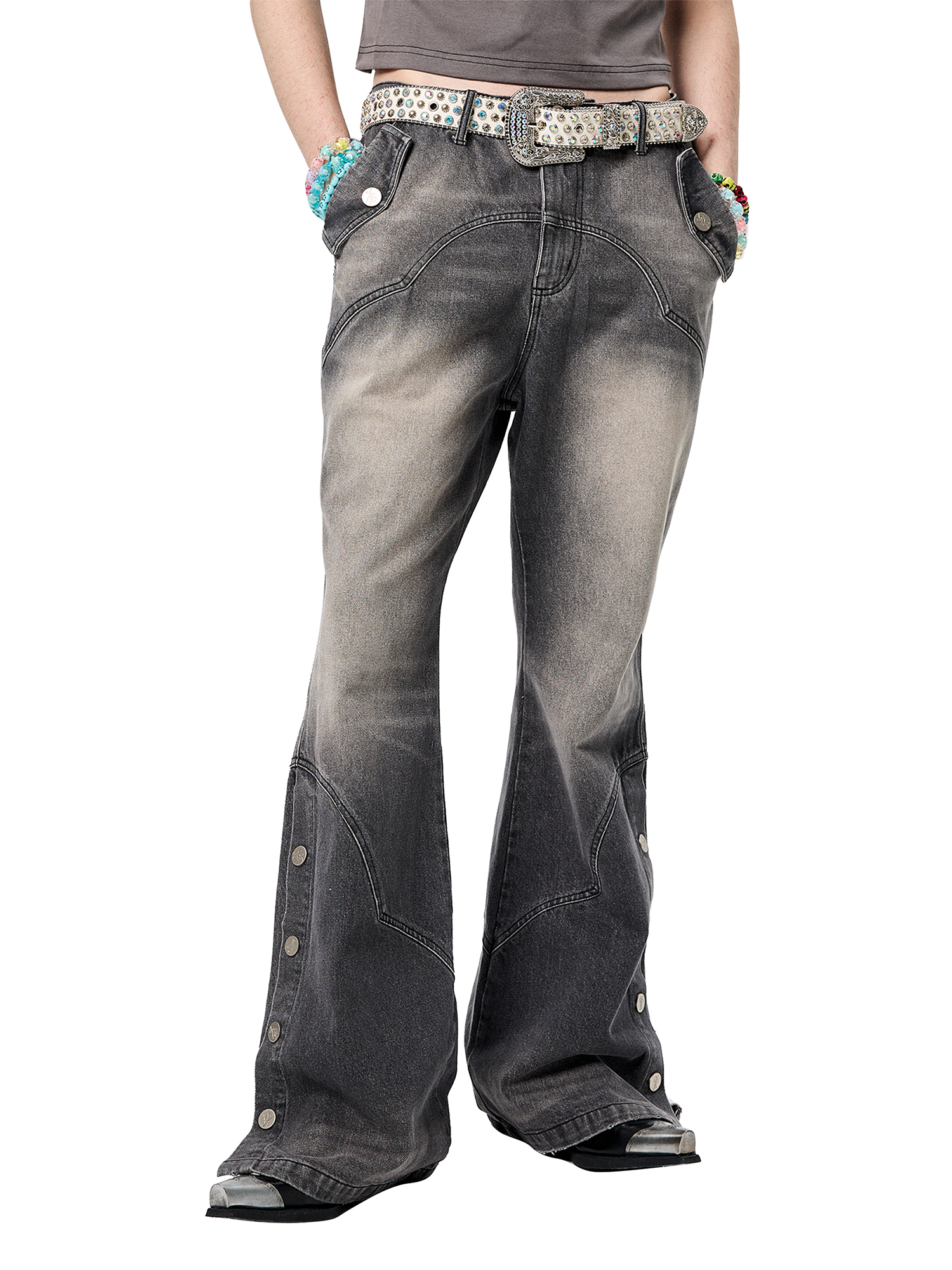 ERISSTOFF Washed Detachable Flared Jeans Gray-Jeans-XS / 28"-Free Shipping Leatheretro
