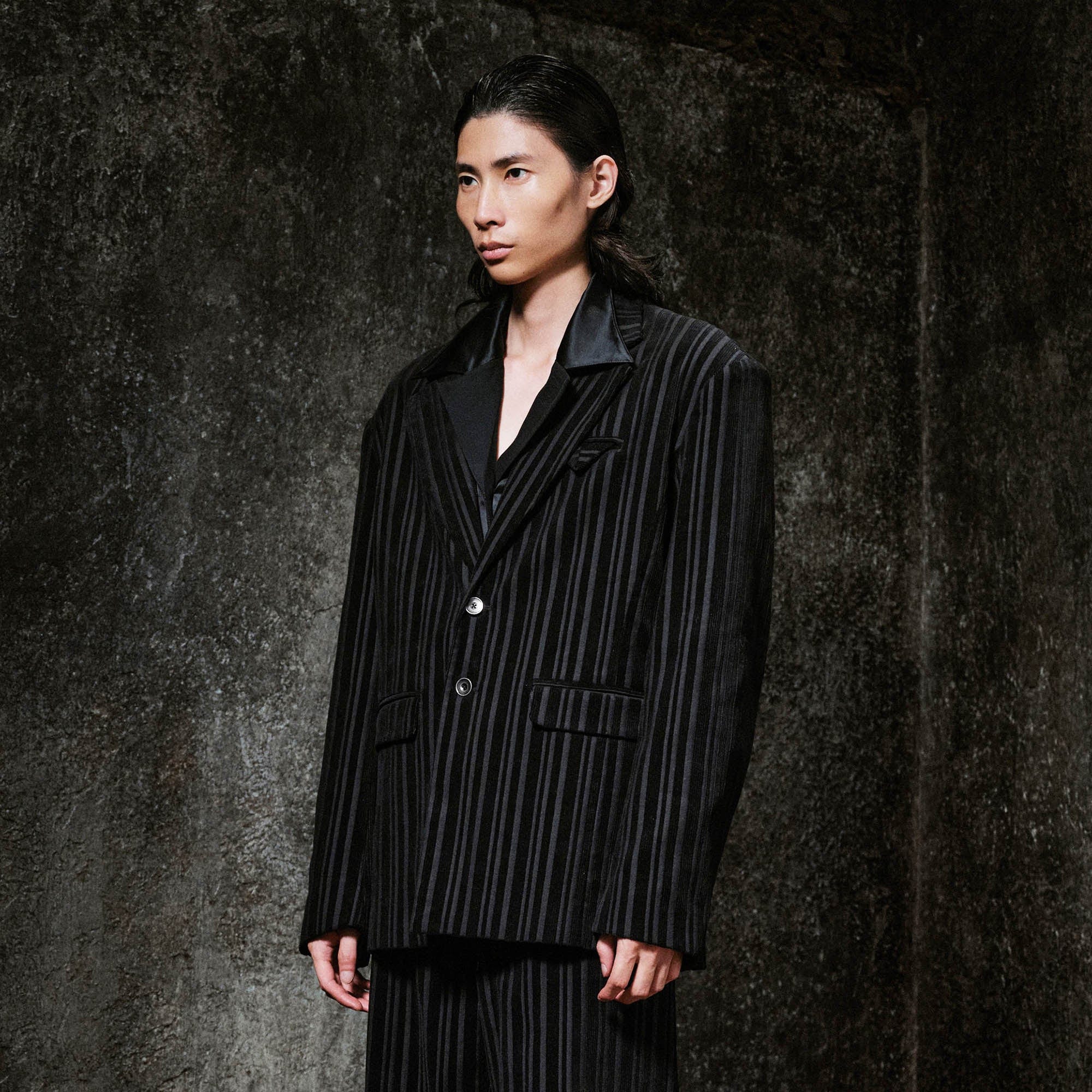 ILNya Nieternite Nifutur Corduroy Stripe Panel Satin Lapel Blazer-Jacket-S(0)-Free Shipping Leatheretro