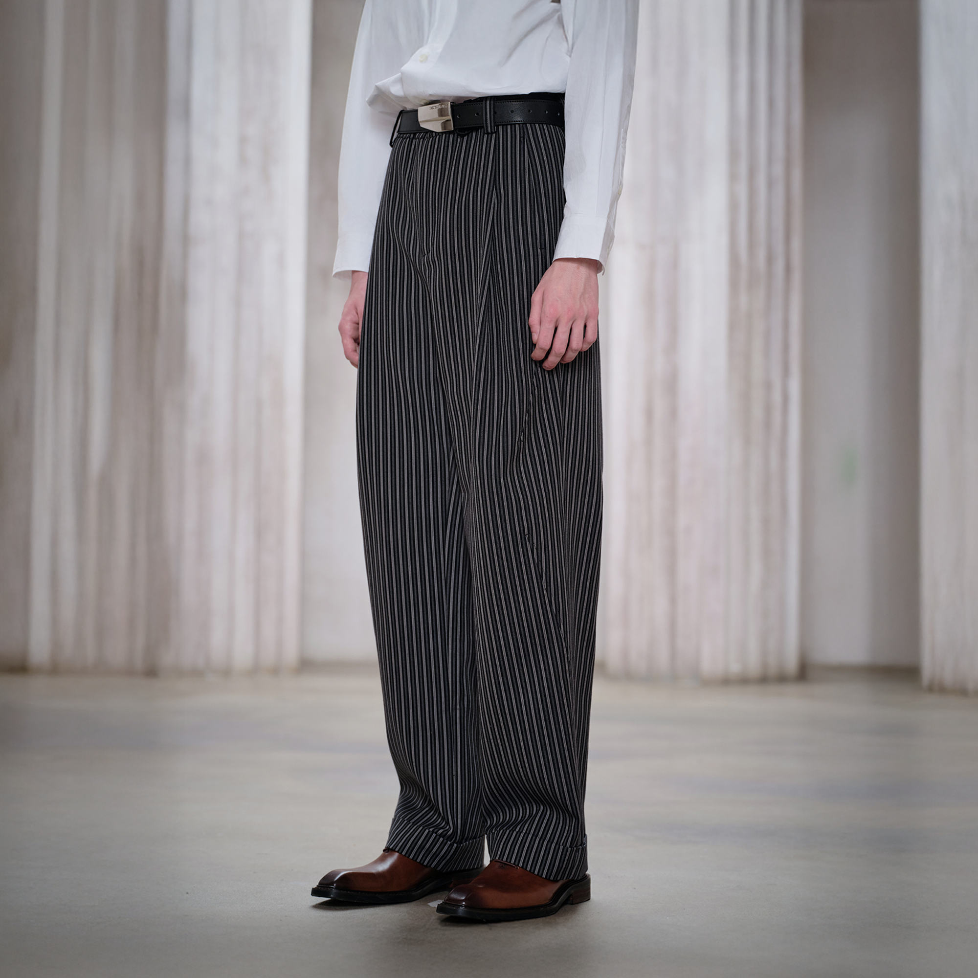 FACEONLAB Classic Striped Wool Pleated Tailored Trousers-Pants-M-Free Shipping Leatheretro