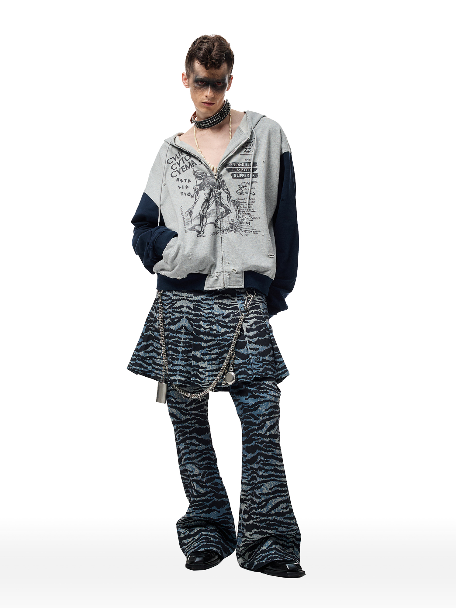 CYCYCY Punk Tiger-Stripe Detachable Pleated Flared Pants-Pants-XXS / 27"-Free Shipping Leatheretro