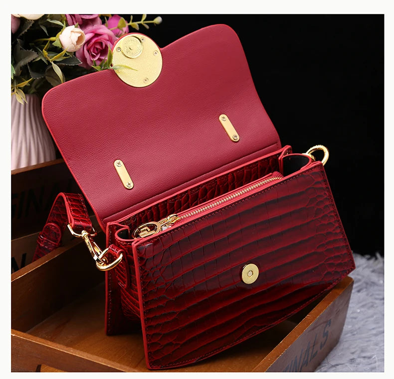 Crocodile Pattern Genuine Leather Women's Handbags - Portable Shell Tote Bags-Handbags-Black-Free Shipping Leatheretro