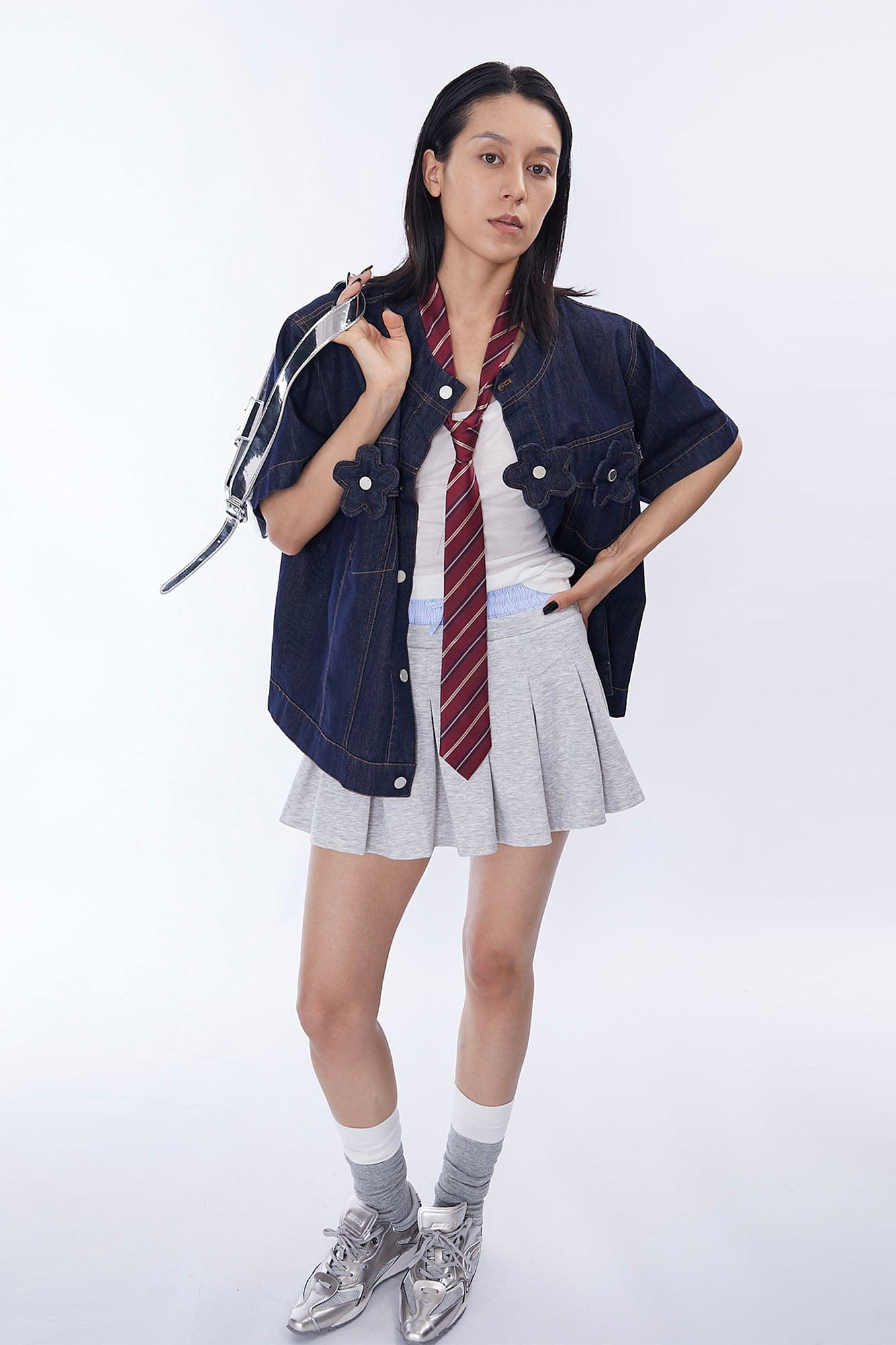 ASSEEN Flower Patchwork Stitched Raw Denim Half Shirt-Half shirt-S-Free Shipping Leatheretro