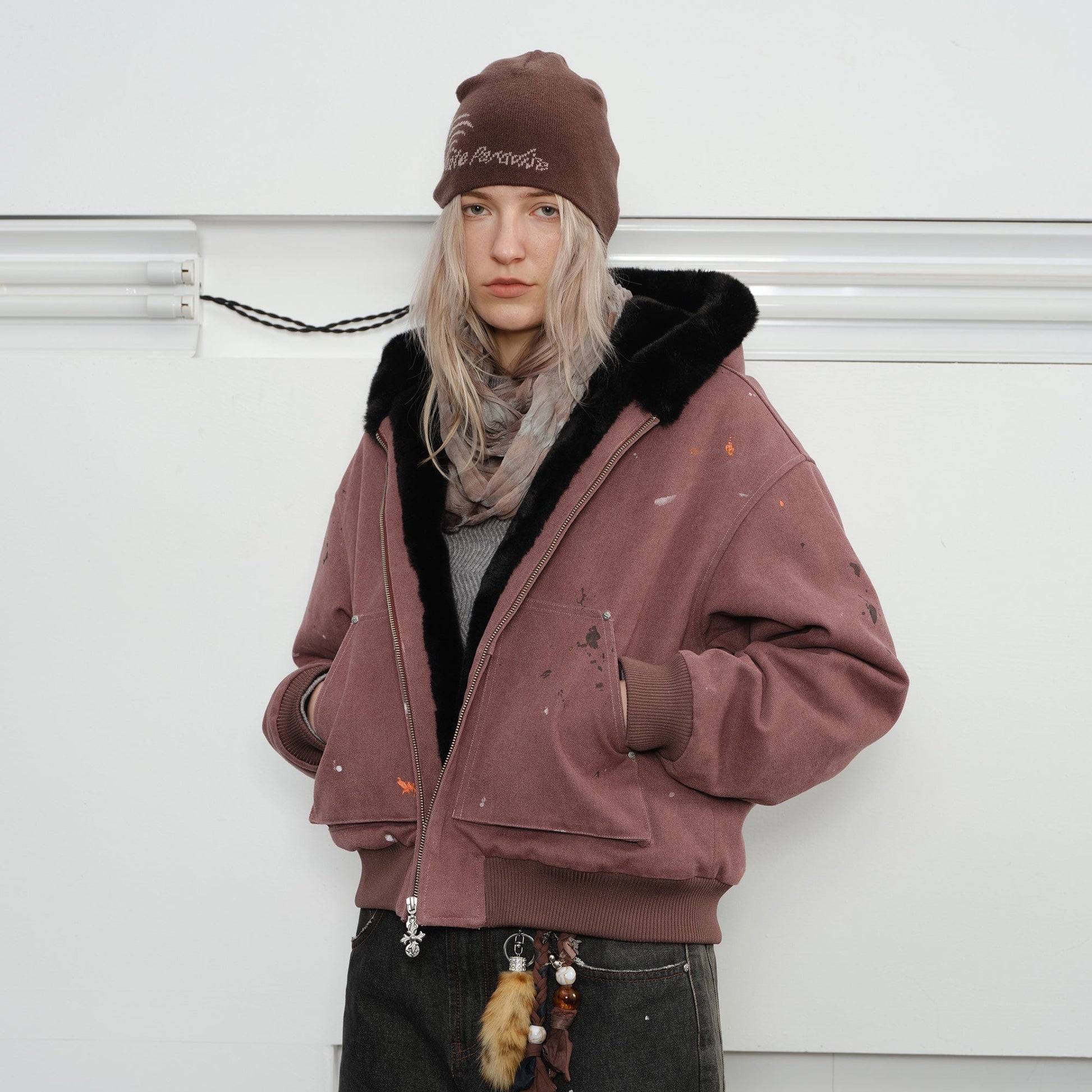 KREATE Rivet Zipper Paint-splattered Fleece-Lined Hooded Jacket-Jacket-S-Purple-Free Shipping Leatheretro