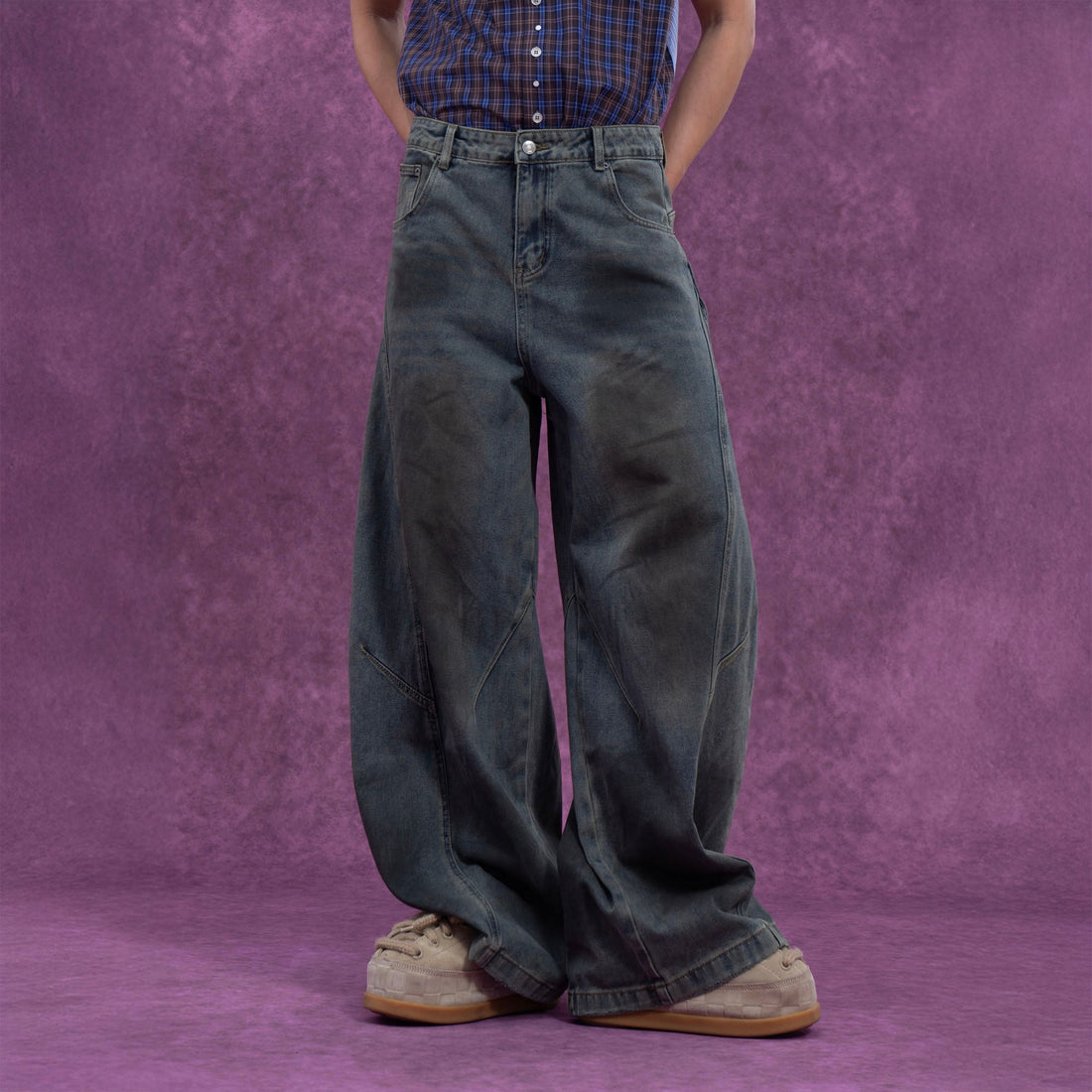 CLP Distressed Slant Panel Oversized Flared Jeans-Jeans-M-Free Shipping Leatheretro