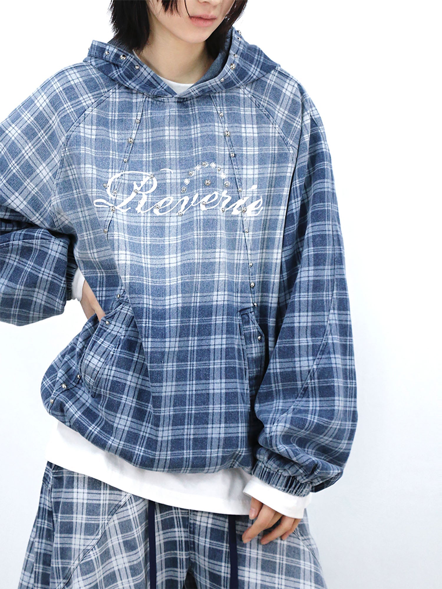 RELABEL Plaid Rivet Paneled Faded Hoodie-Hoodie-XS-Free Shipping Leatheretro