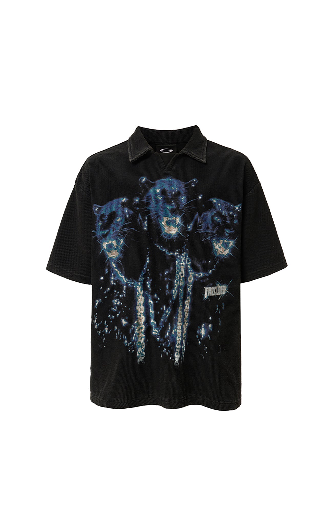 F2CE Distressed Waffle-Knit Graphic Polo-T Shirt-S-Free Shipping Leatheretro