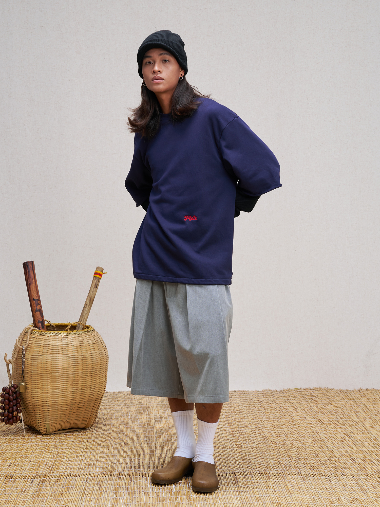 UNLIMITED MOTE Waffle Sleeve Layered Drawstring Hem Sweatshirt-Sweatshirt-XS-Dark Blue-Free Shipping Leatheretro