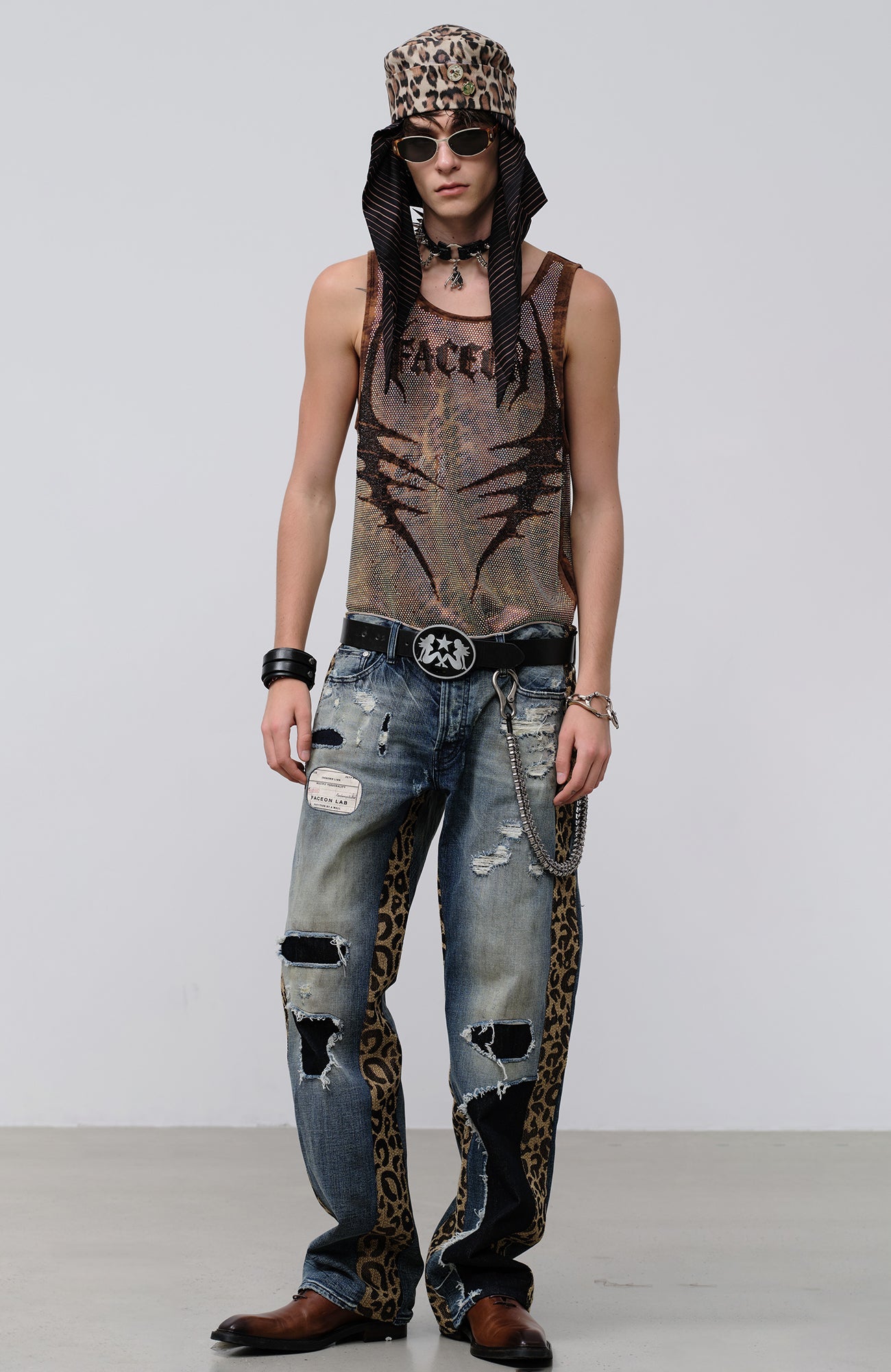 FACEONLAB Leopard Panel Distressed Straight-Leg Jeans-Jeans-M (preorder)-Free Shipping Leatheretro