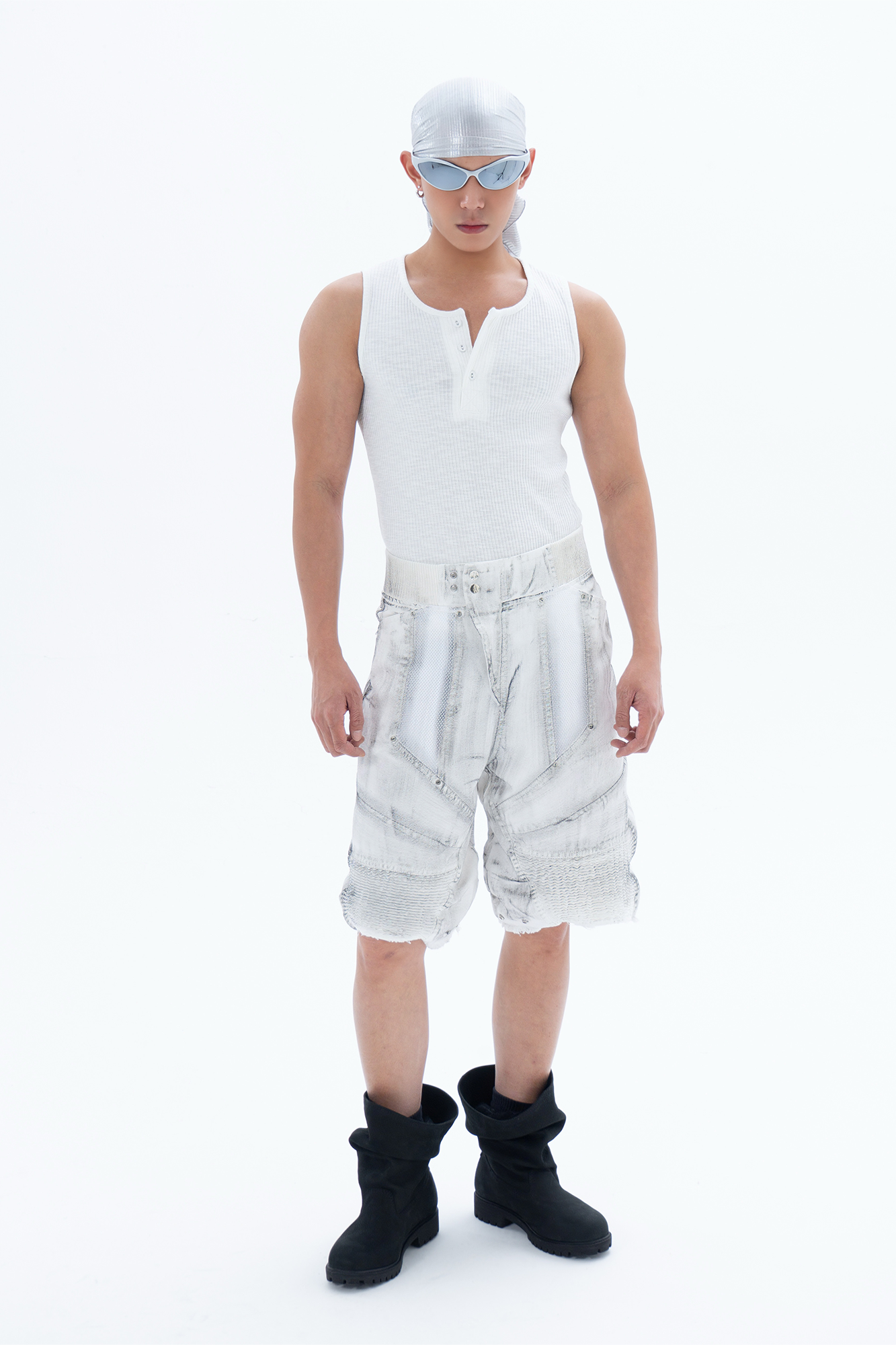 CLP Ribbed Paneled Wide-Leg Denim Shorts-Shorts-M / 27"-Black-Free Shipping Leatheretro