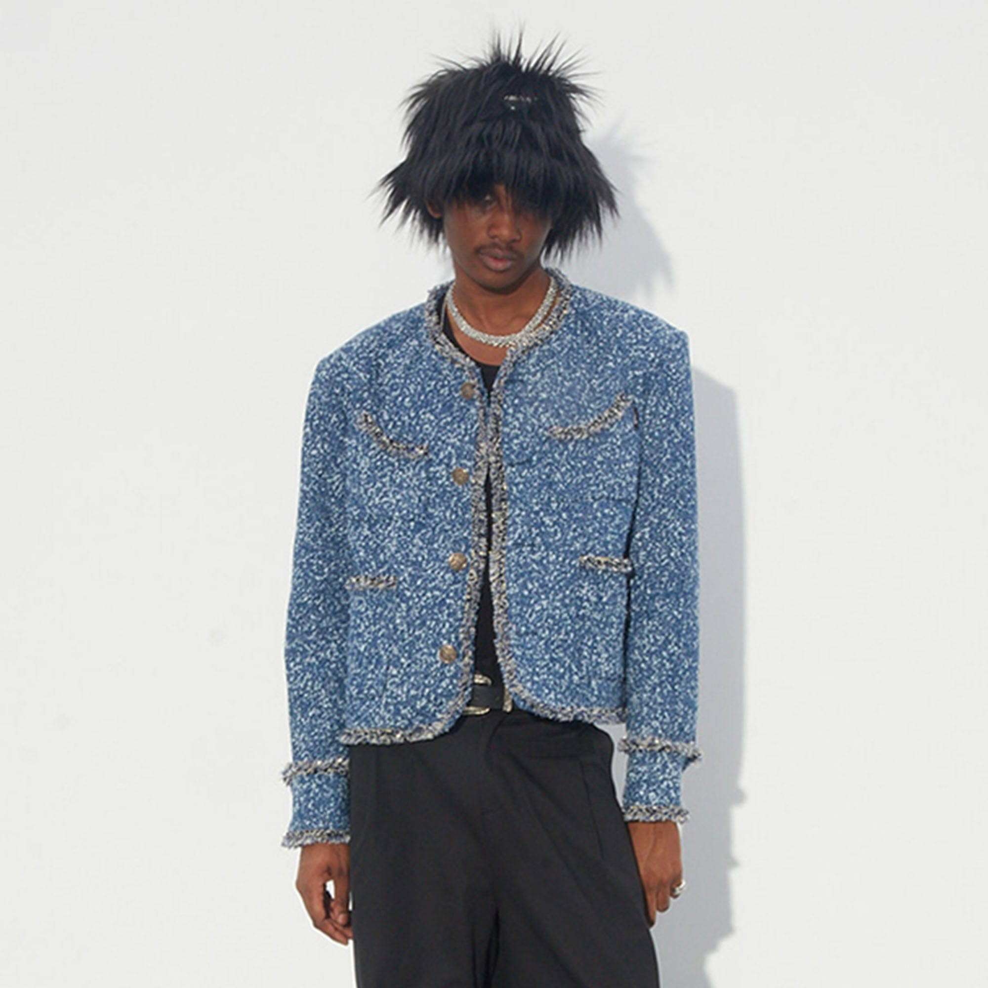 ASSEEN Washed Fringe Tweed Denim Jacket-Jacket-S-Free Shipping Leatheretro