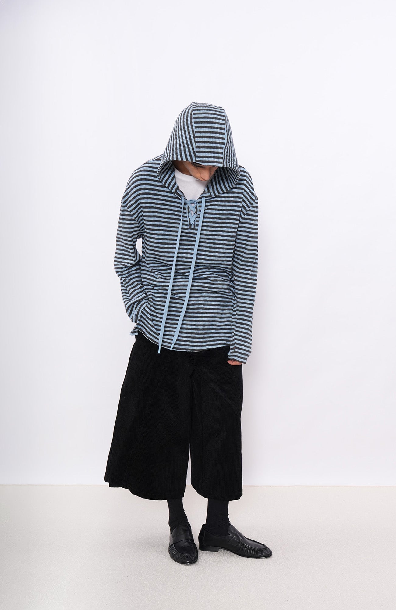7440 37 1 Striped Lace-Up Hoodie Tee-L/S Tee-S (Preorder)-Free Shipping Leatheretro