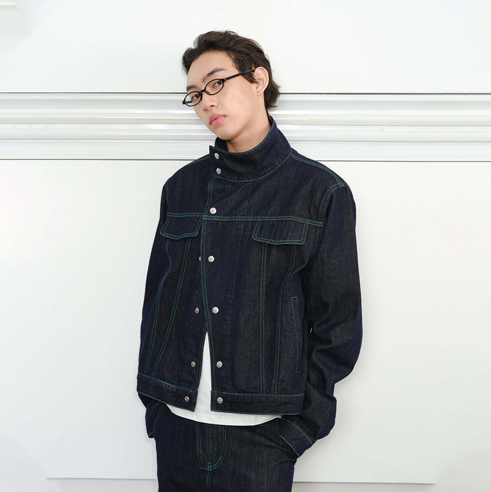 KREATE Asymmetrical Stand Collar Snap Jacket-Jacket-S-Blue-Free Shipping Leatheretro