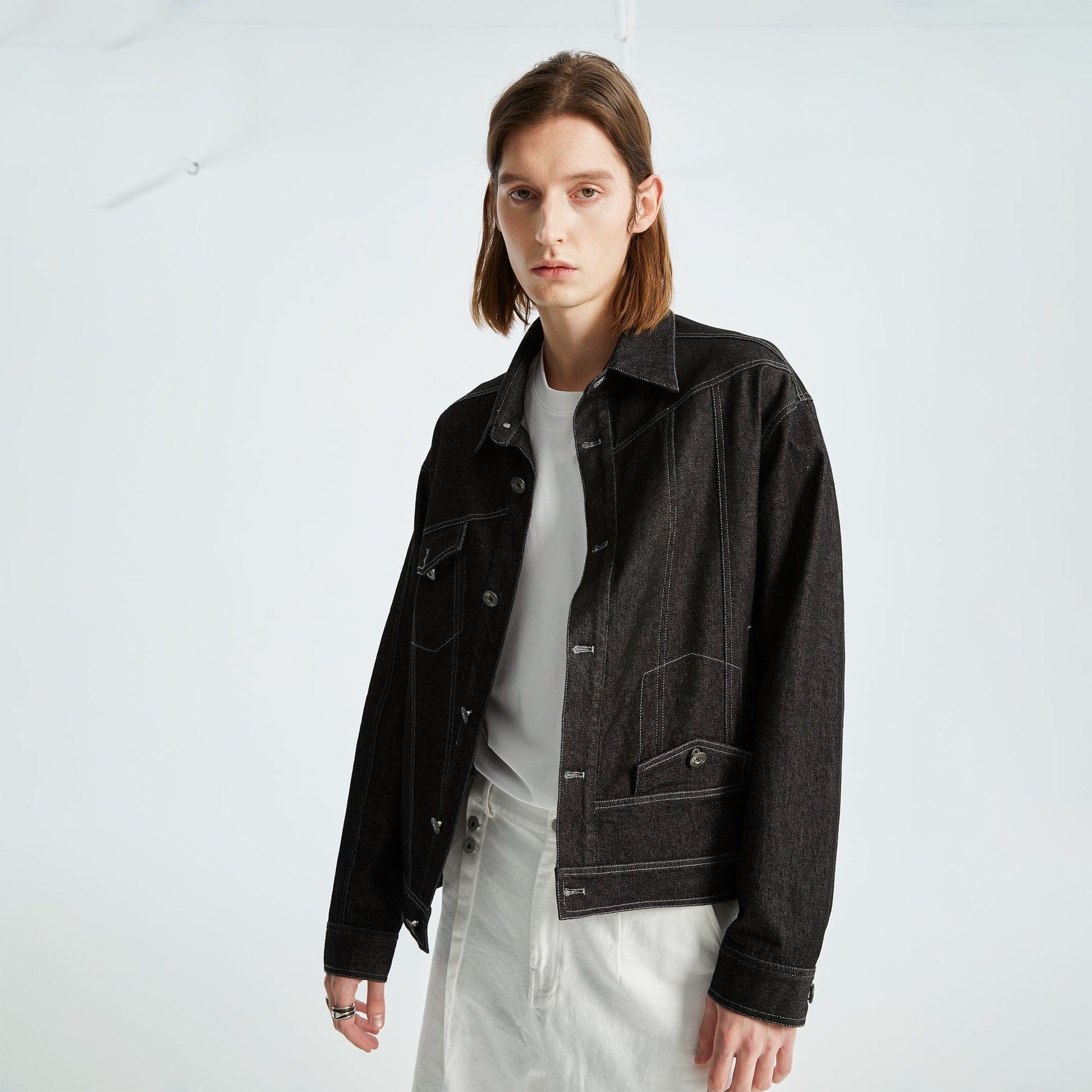ORGANIC EMOTION Asymmetrical Washed Denim Jacket-Jacket-S-Black-Free Shipping Leatheretro