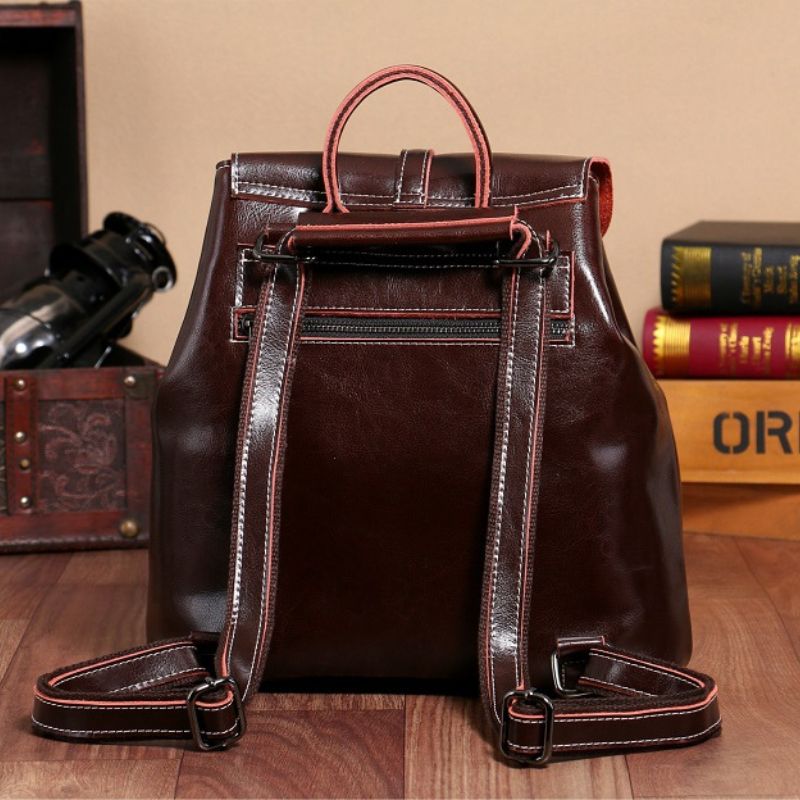 Genuine Waxed Leather Drawstring Backpack for Women-Backpacks-Brown-Free Shipping Leatheretro