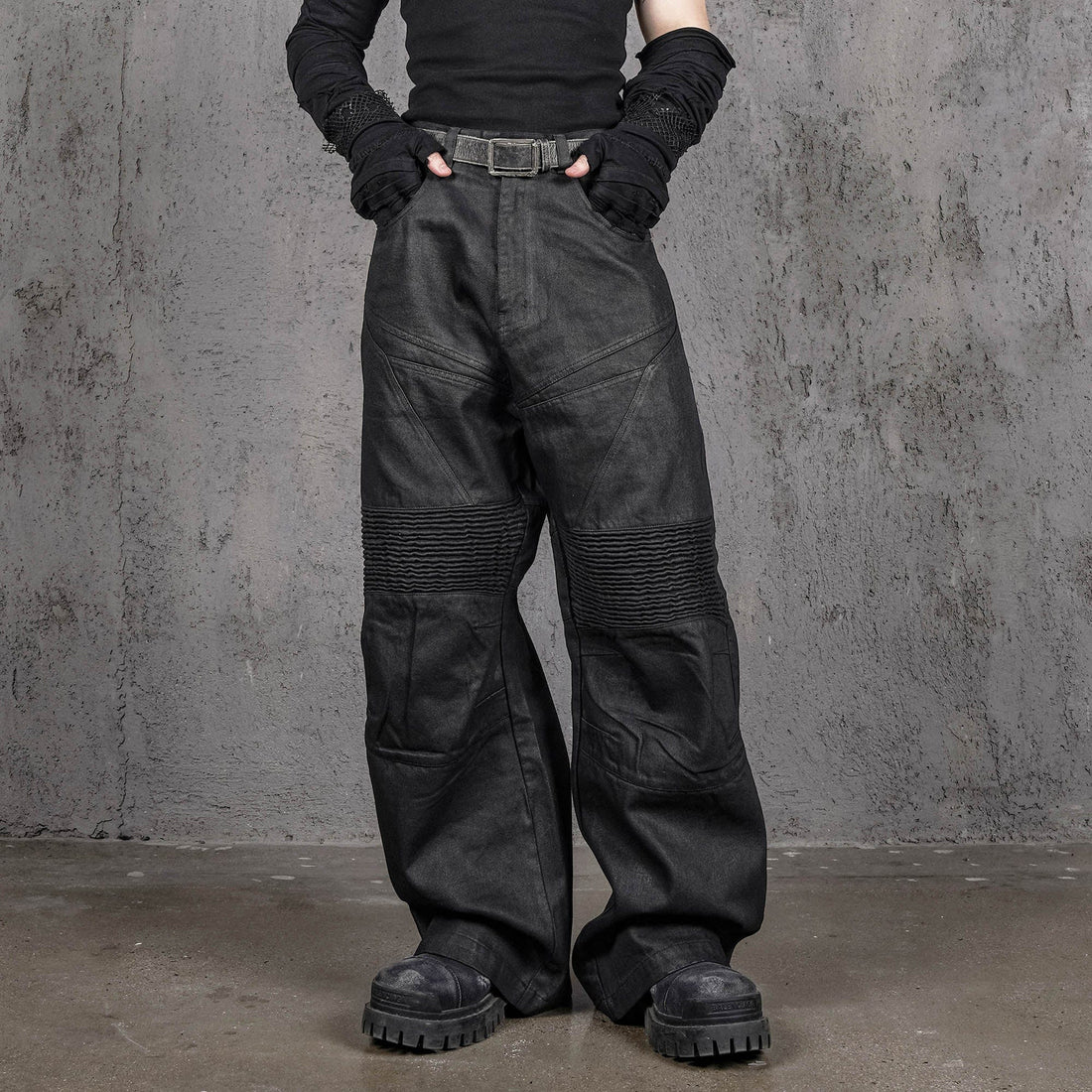 UNDERWATER Infernal Gaze Crinkled Waxed Wide-Leg Pants Black-Pants-S-Free Shipping Leatheretro