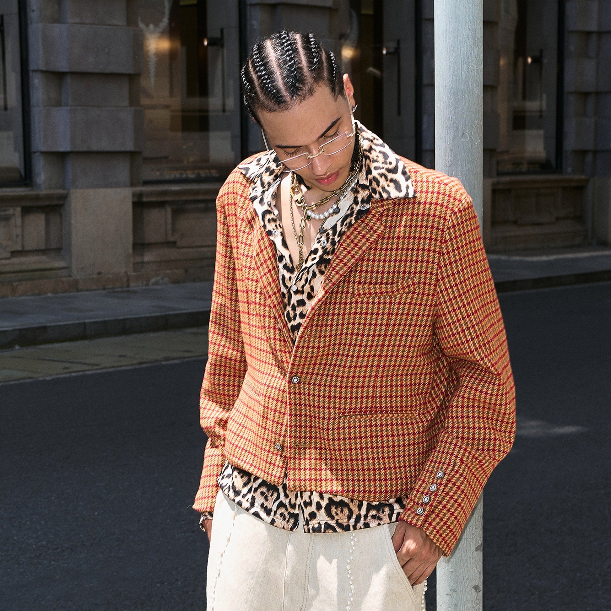 STEEPC Houndstooth Wool-Blend Stand-Collar Boxy Blazer-Jacket-S (1)-Free Shipping Leatheretro