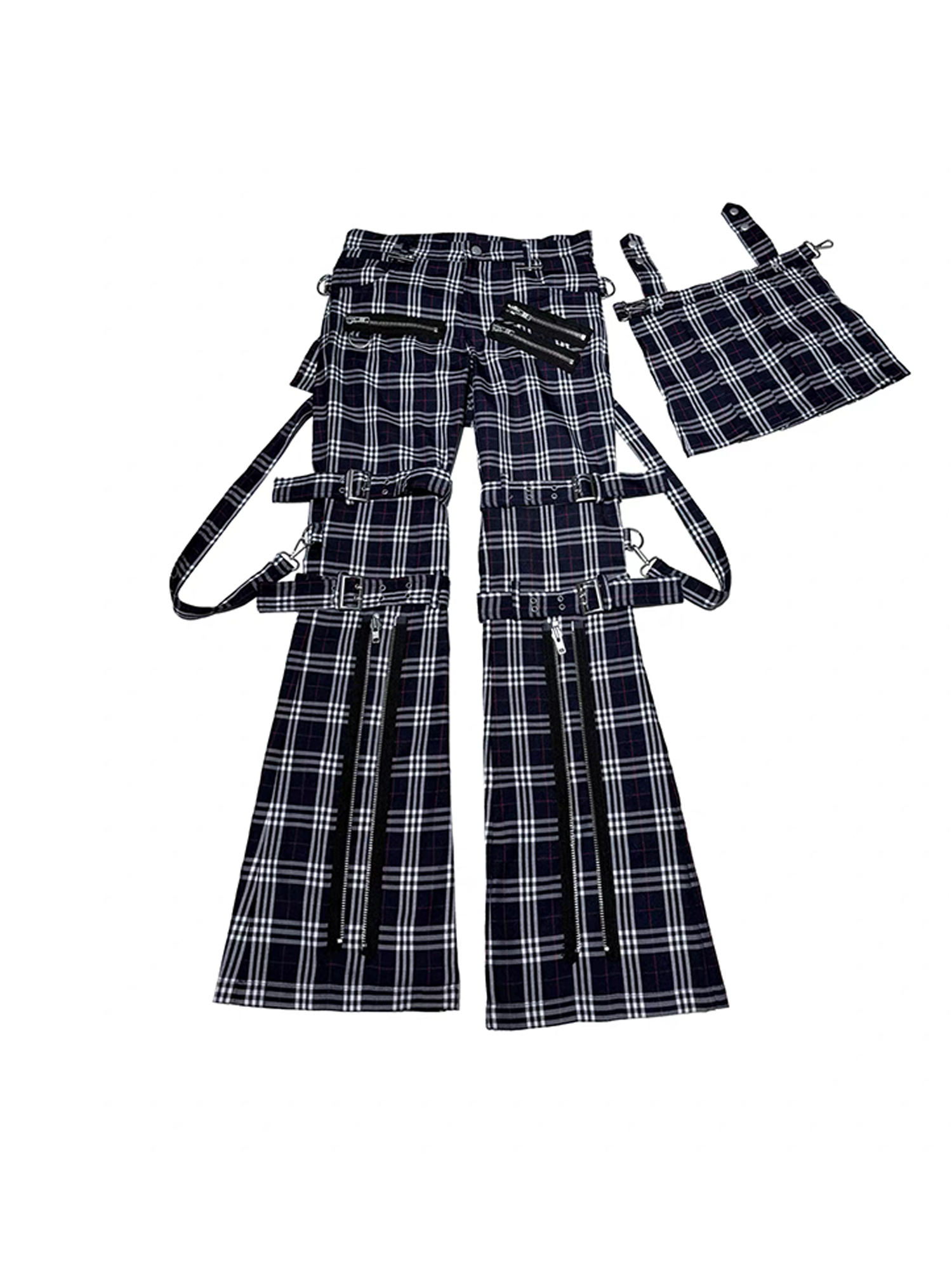 PCCVISION Detachable Skirt Panel Strap-Zip Plaid Flared Pants-Pants-S (Preorder)-Free Shipping Leatheretro
