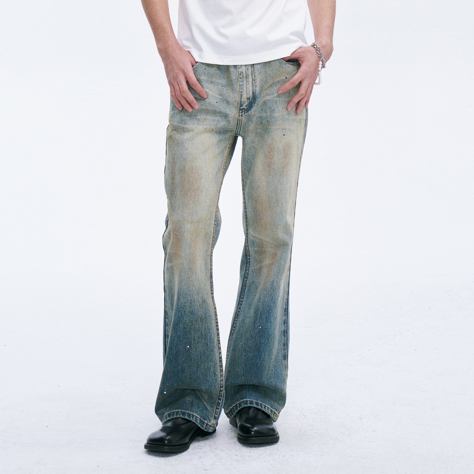 CATSSTAC Washed Sunfade Paint-Splatter Wide-Leg Jeans-Jeans-S-Free Shipping Leatheretro