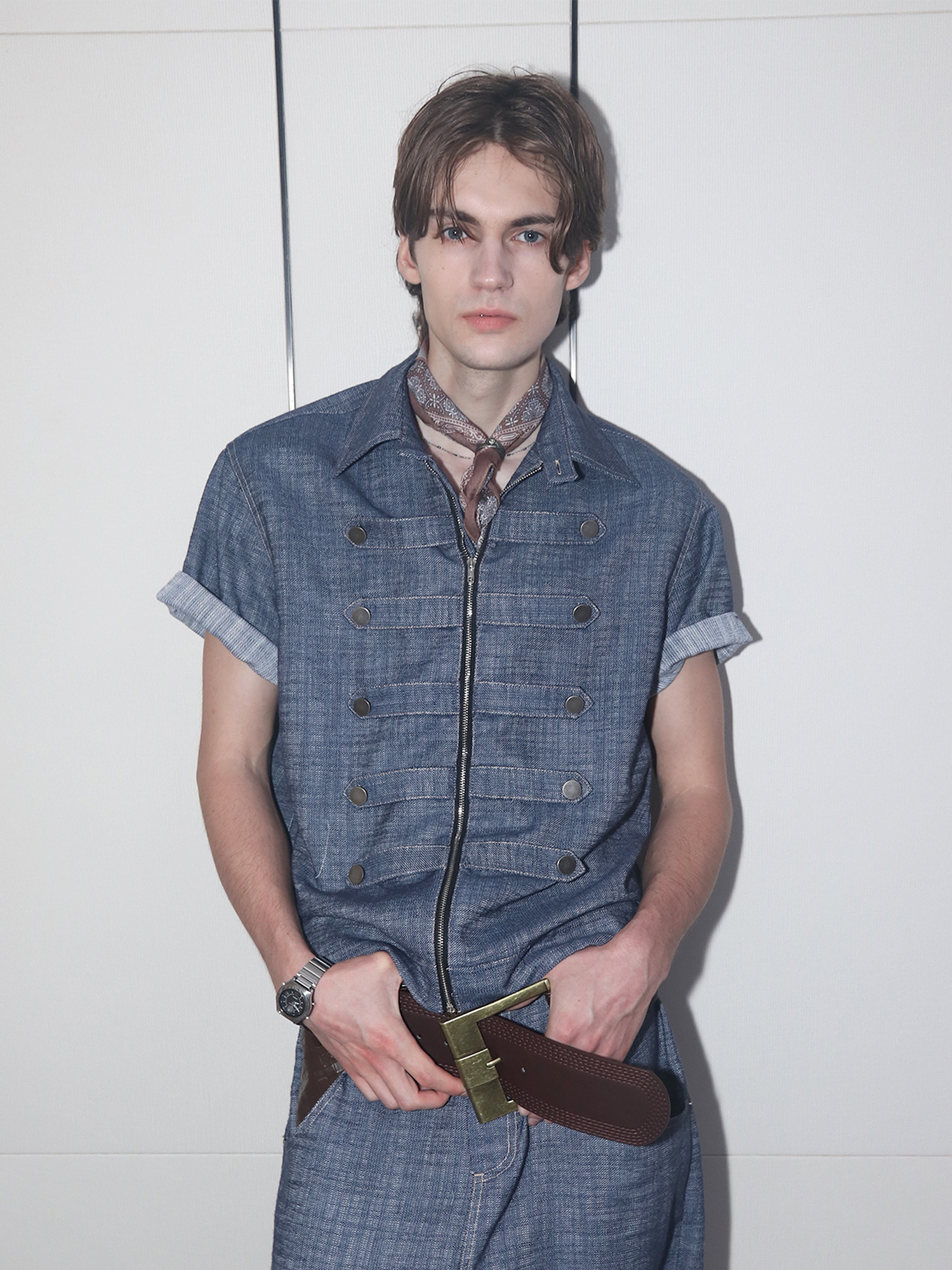 ASSEEN Linen-Blend Coin Button Denim Half Shirt-Half shirt-S-Free Shipping Leatheretro