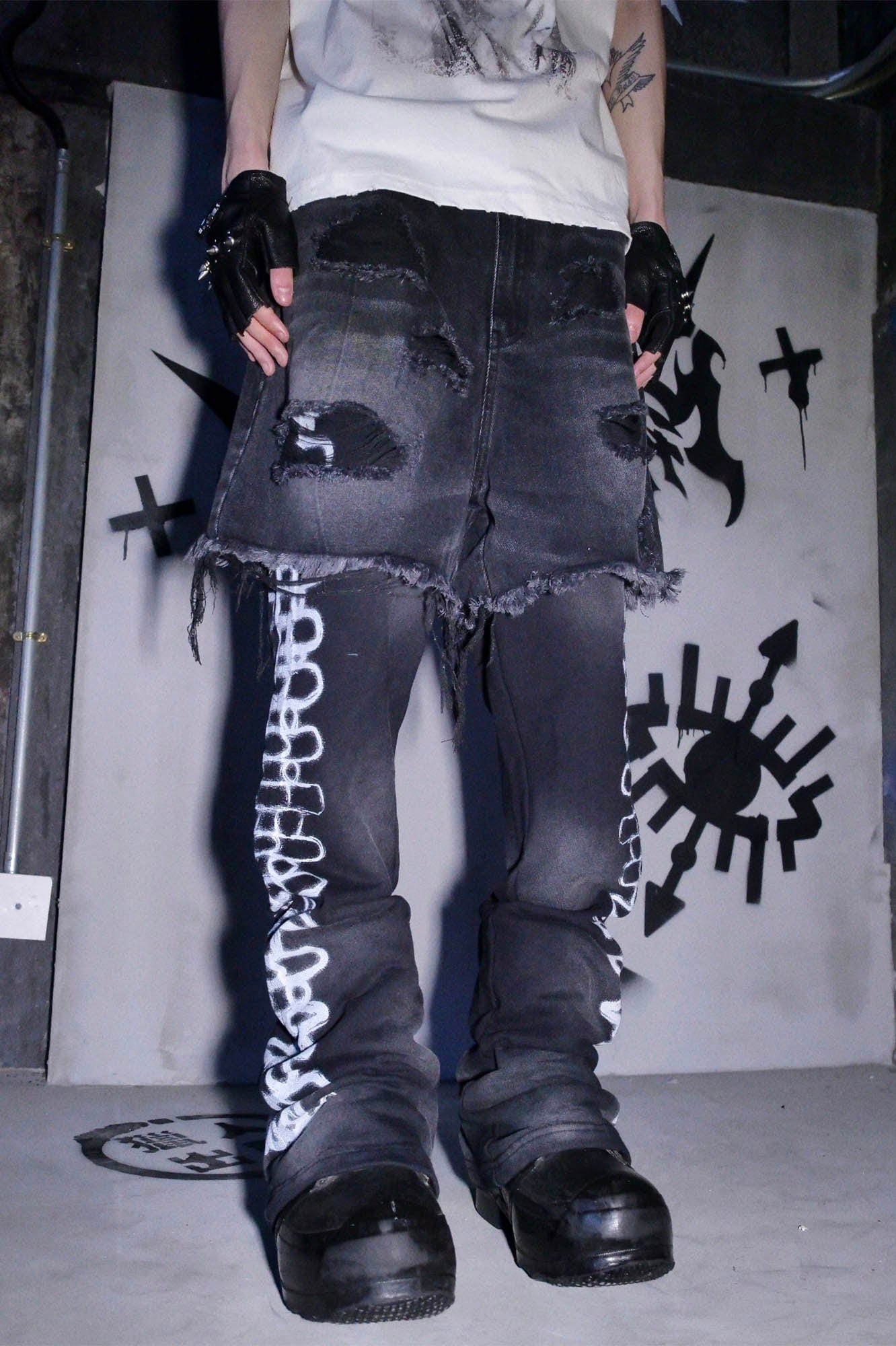 PHANTOMHUNTER Layered Ripped Spray-Painted Flared Jeans-Pants-S-Free Shipping Leatheretro