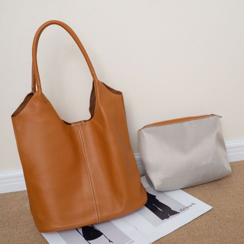 Real Leather Shopper Tote Bag-Tote Bag-Khaki-Free Shipping Leatheretro