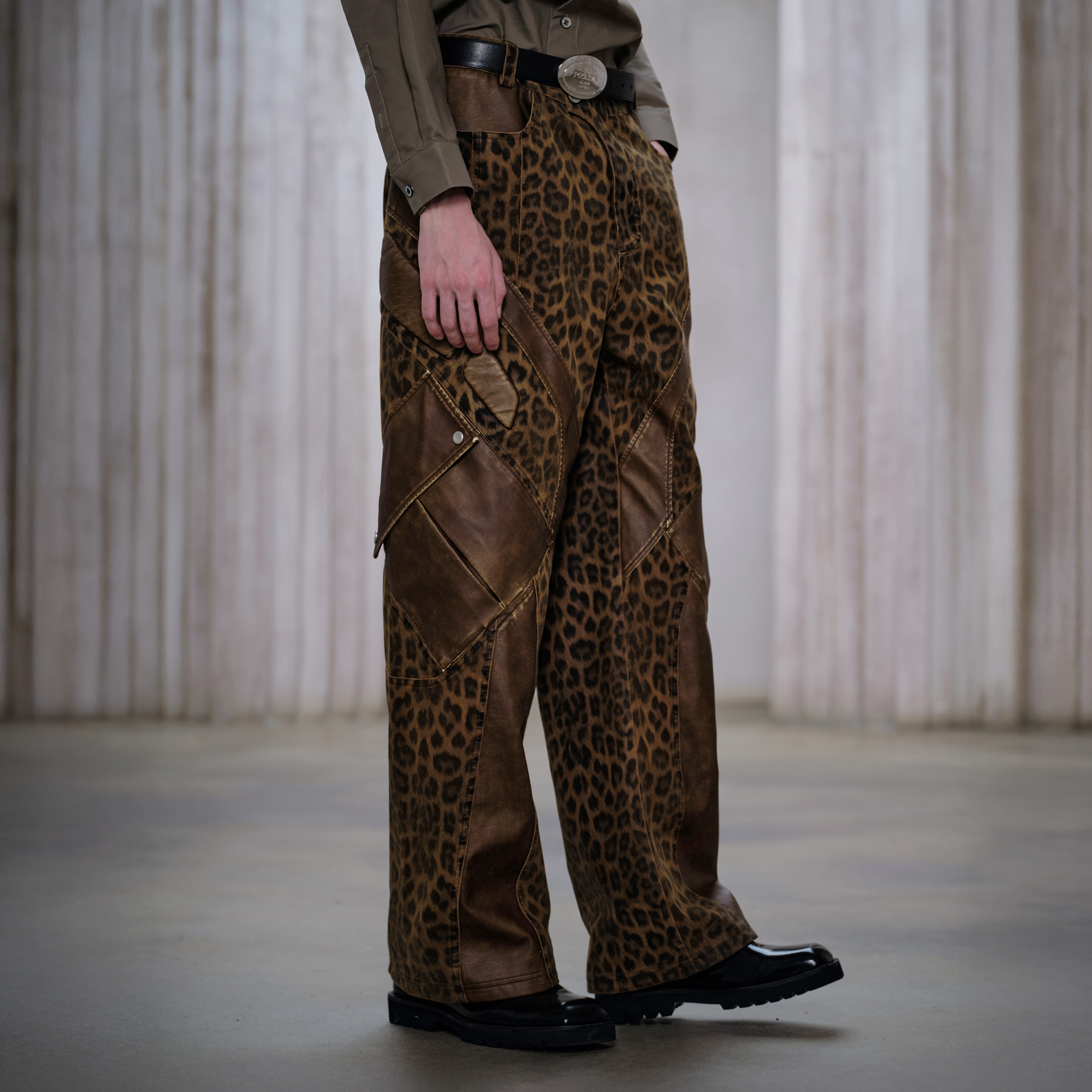 FACEONLAB Leopard Paneled Straight-Leg Pants-Pants-M (Preorder)-Free Shipping Leatheretro