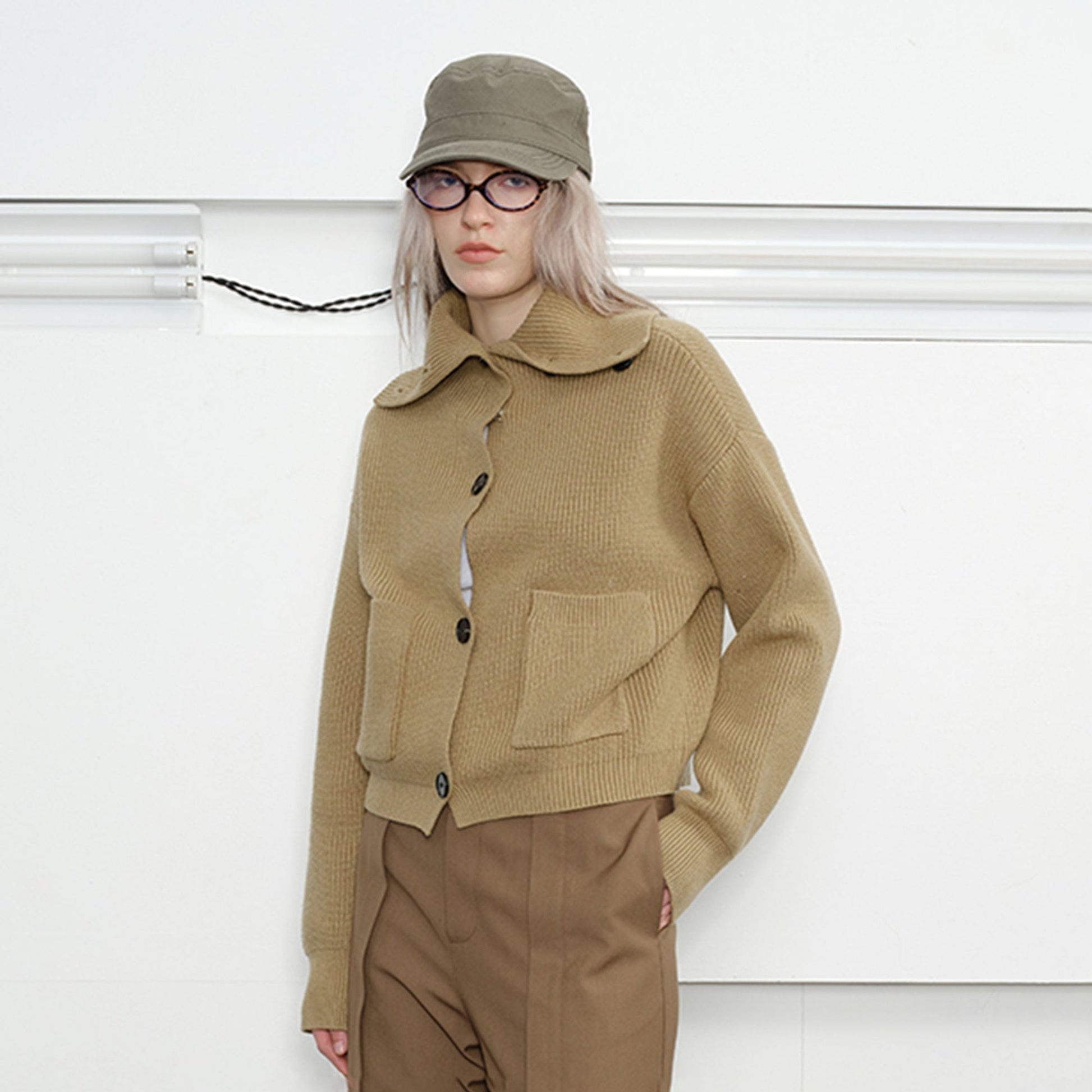 KREATE High-Collar Big-Pocket Button-Up Knitted Jacket-Jacket-S-Green-Free Shipping Leatheretro