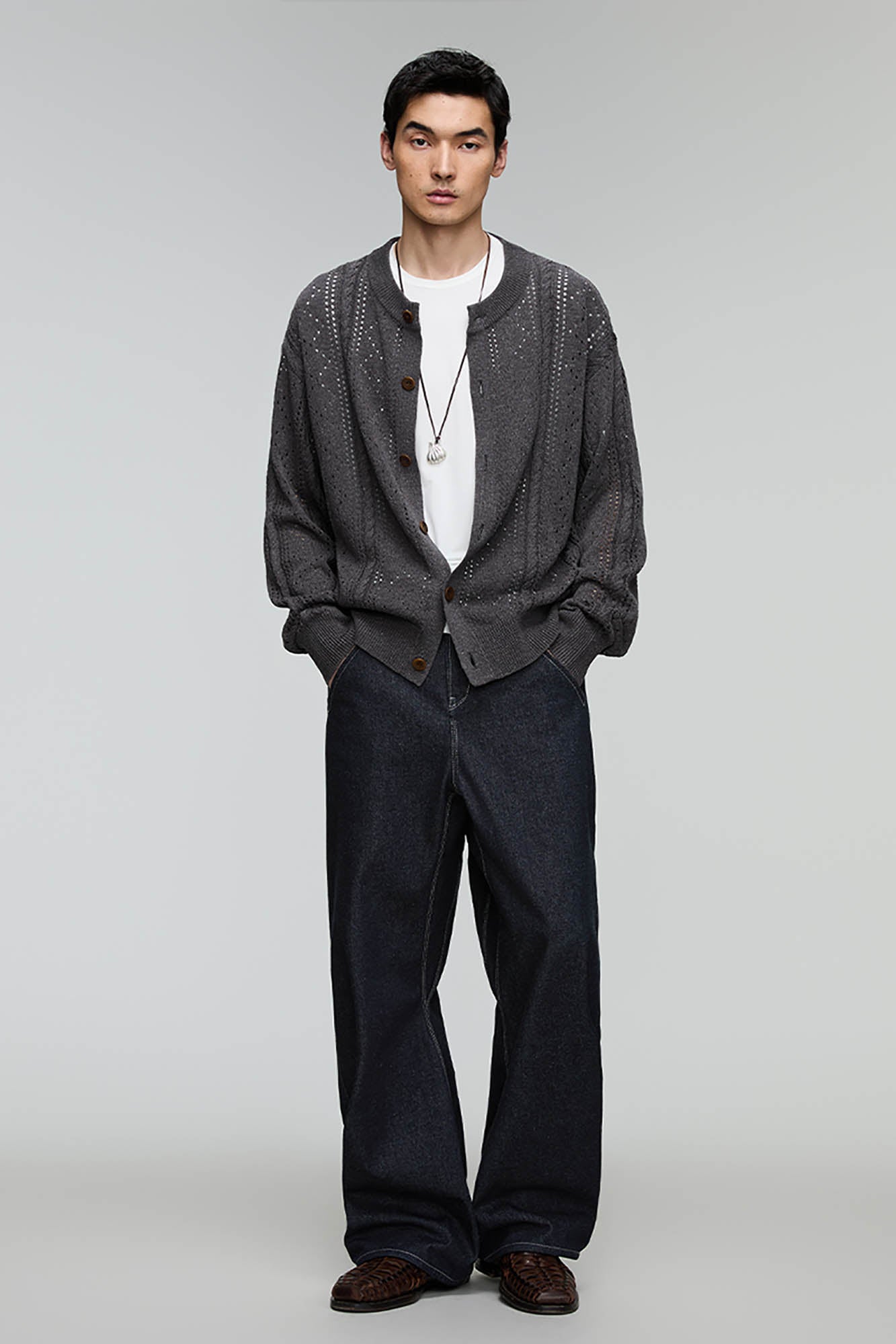 OPICLOTH Eyelet Knit Button-Up Cardigan-Jacket-XS-Grey-Free Shipping Leatheretro