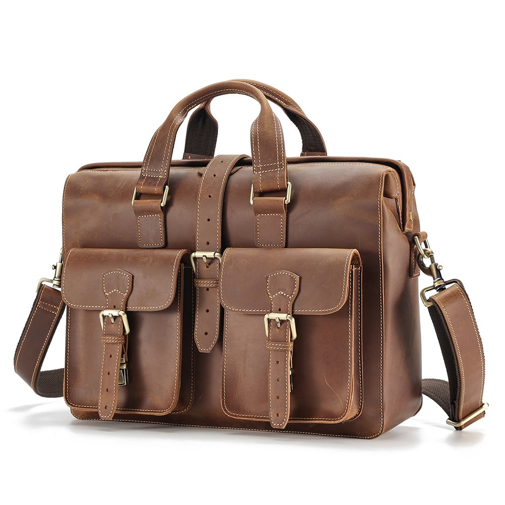 Genuine Leather Business Handbag - Large Storage First Layer Cowhide Bag-Briefcase-Dark Brown-Free Shipping Leatheretro