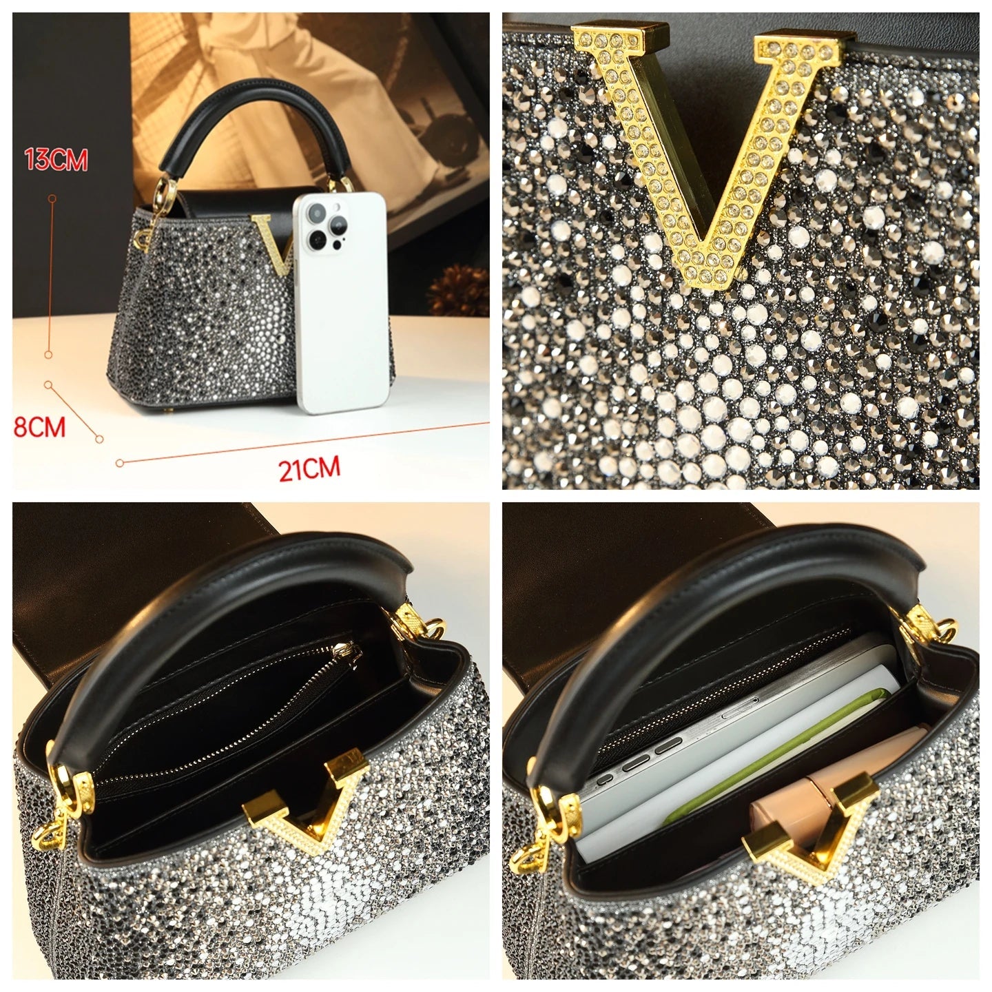 Genuine Leather V Letter Small Crossbody Bag - Diamonds Luxury Messenger Shell Bags-Crossbody Bag-Silver-Free Shipping Leatheretro