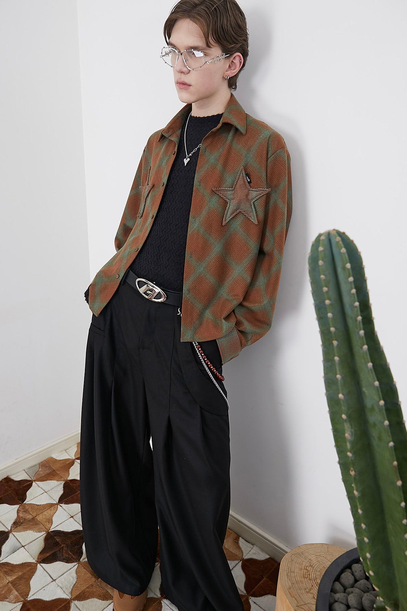 ASSEEN Symmetrical Star Patch Diamond Check Shirt-Shirt-S-Free Shipping Leatheretro