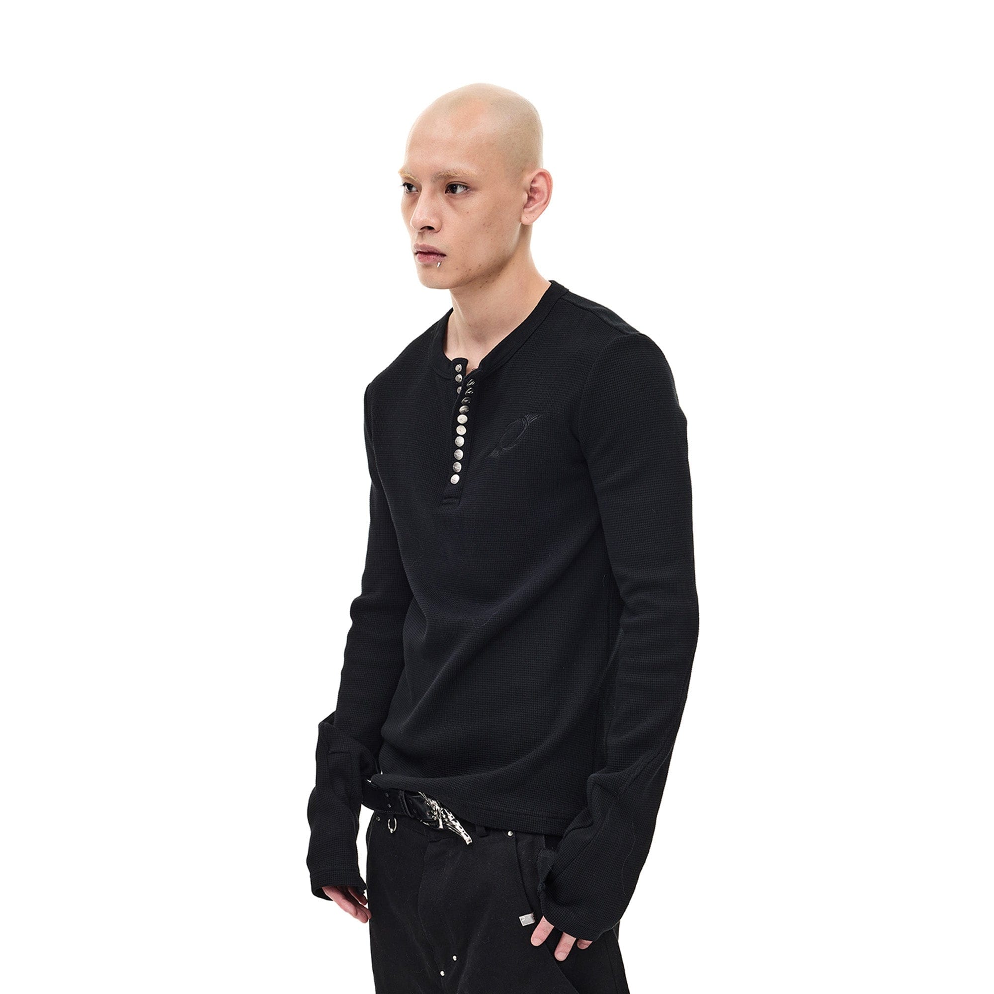 WHISTLEHUNTER Waffle-Knit Snap Henley Long-Sleeve Tee-L/S Tee-S-Gray-Free Shipping Leatheretro