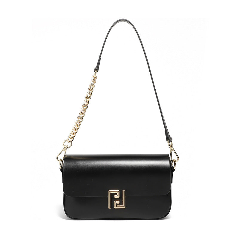 Genuine Leather Chain Flap Shoulder Bag - Cowhide Leather Lock Clasp Purse-Shoulder Bag-Black-Free Shipping Leatheretro