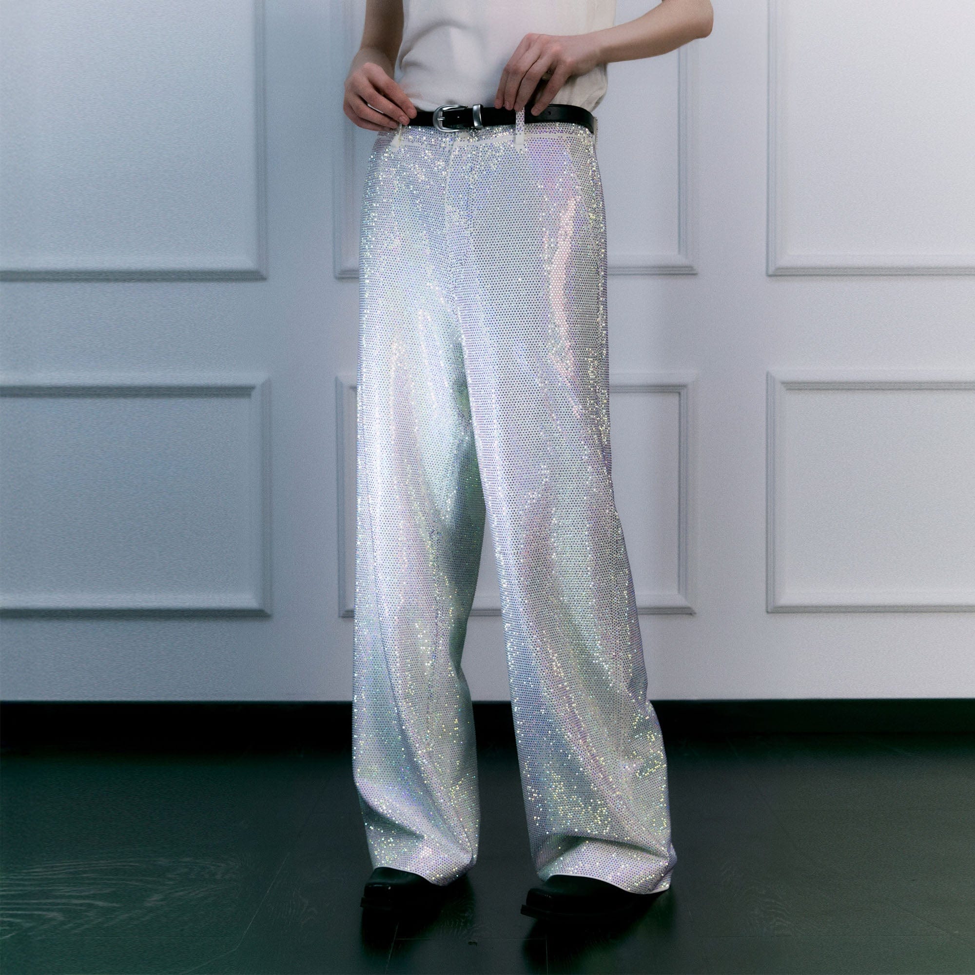 FACEONLAB Iridescent Diamond Wide-Leg Pants-Pants-M-Free Shipping Leatheretro