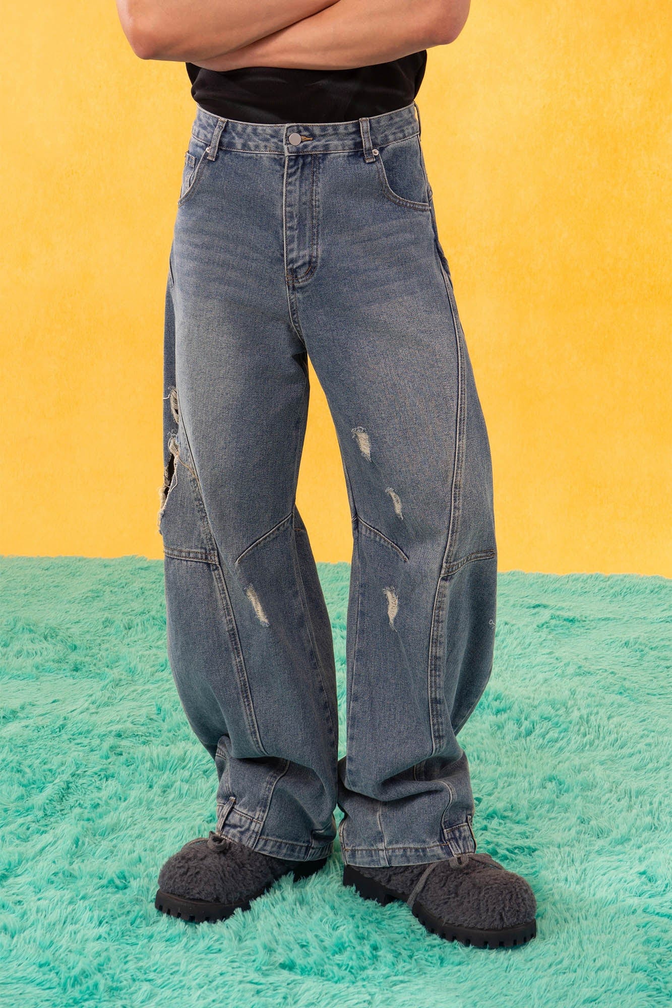 CLP Inverted-Waist Hem Paneled Distressed Jeans-Jeans-M-Free Shipping Leatheretro