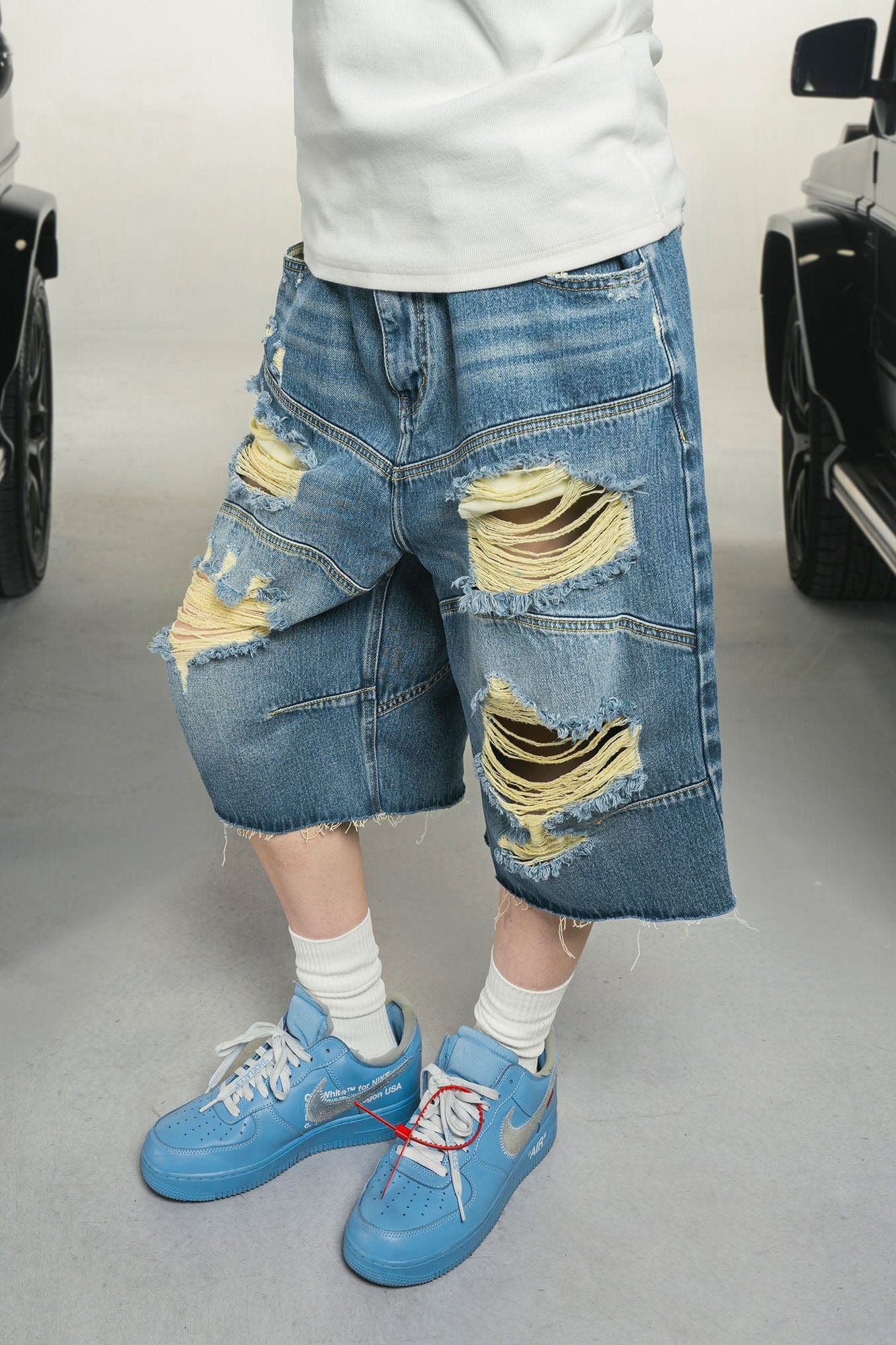 MAKEMORE Distressed Arc Spliced Ripped Denim Shorts-Shorts-S-Free Shipping Leatheretro