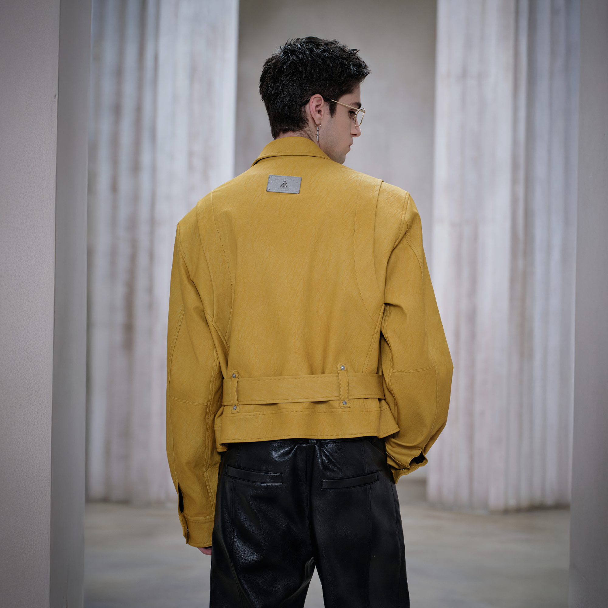 FACEONLAB Metal Epaulettes Belted Faux Leather Jacket Yellow-Jacket-M (Preorder)-Free Shipping Leatheretro