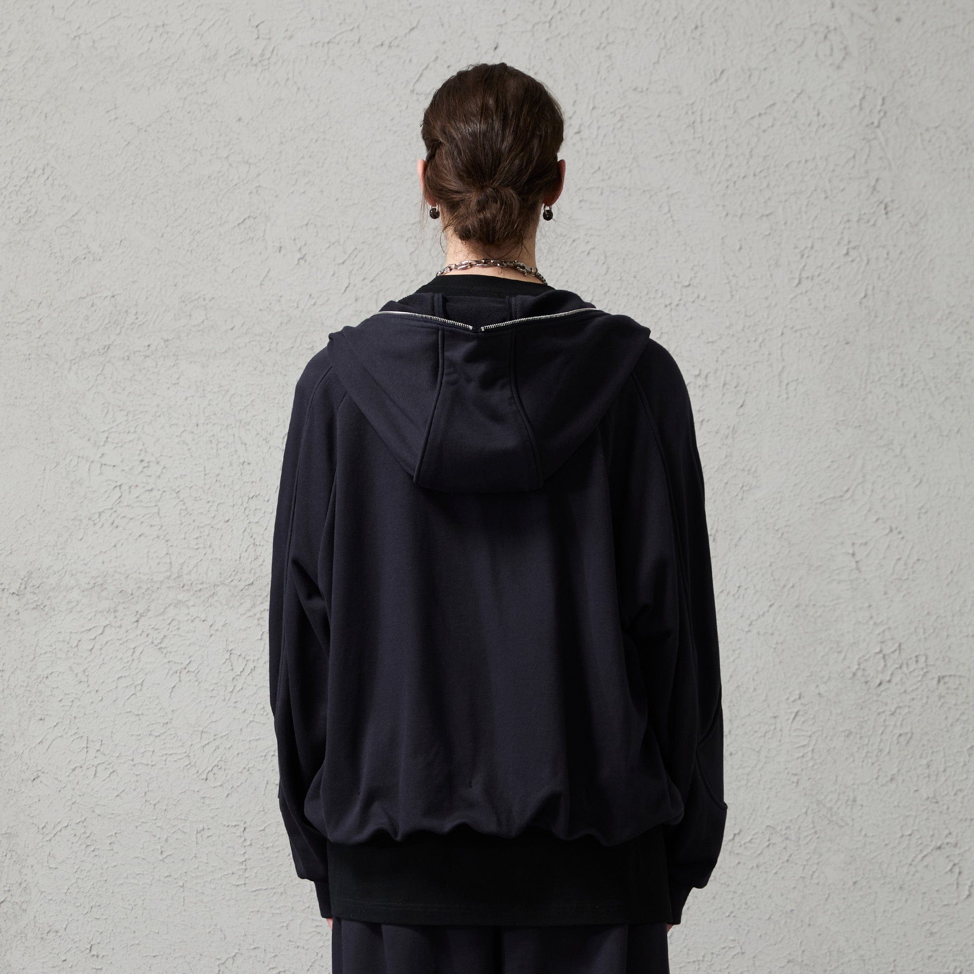 ORGANIC EMOTION Curved Panel Drawstring-Hem Zip-Up Hoodie-Jacket-Dark Blue-S-Free Shipping Leatheretro