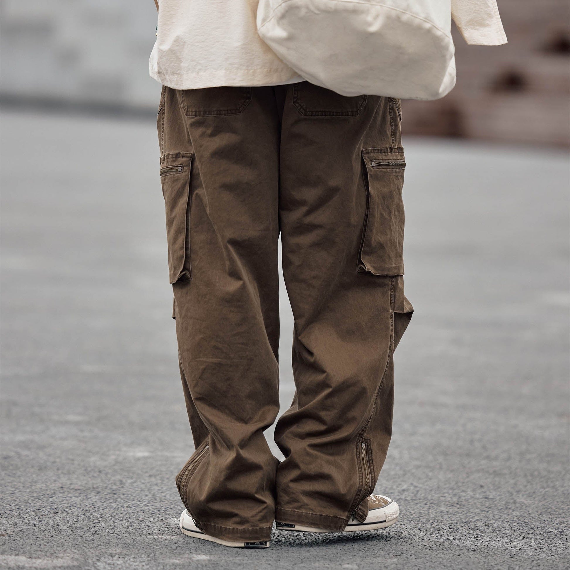 BANANA CLUB Zippered-Hem Multi-Pocket Crinkled Cargo Pants-Pants-S-Brown-Free Shipping Leatheretro