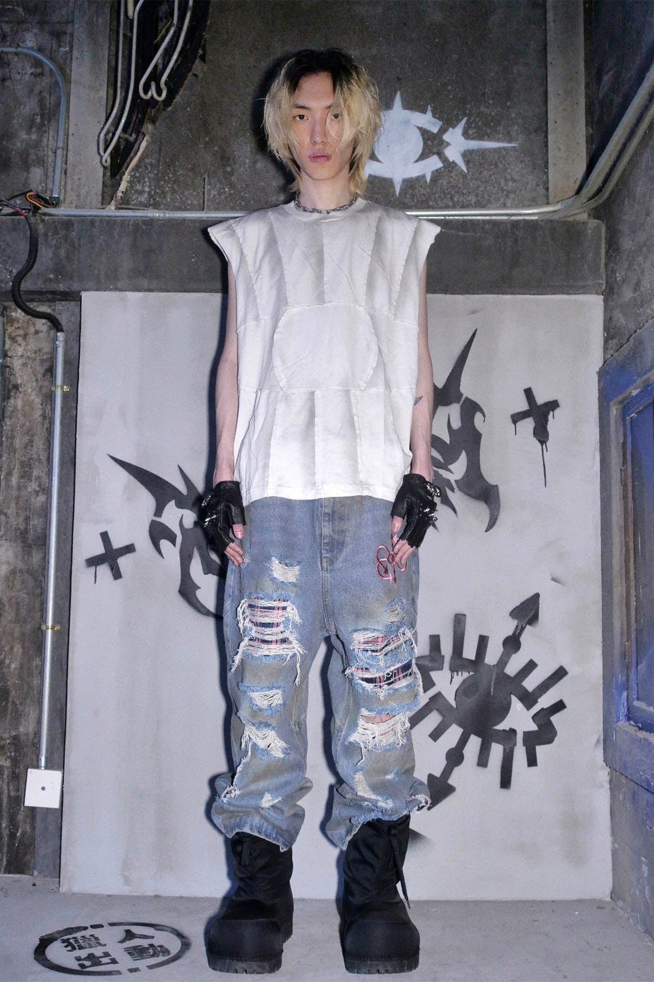 PHANTOMHUNTER Distressed Plaid-Patched Ripped Jeans-Pants-S-Free Shipping Leatheretro