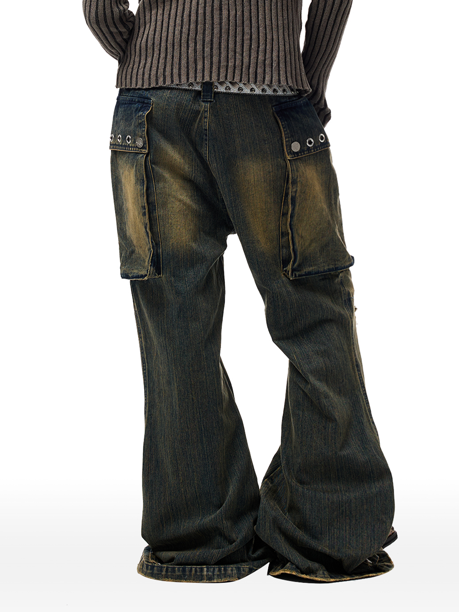CYCYCY Distressed Big-Pocket Flared Jeans-Jeans-XXS / 27"-Free Shipping Leatheretro