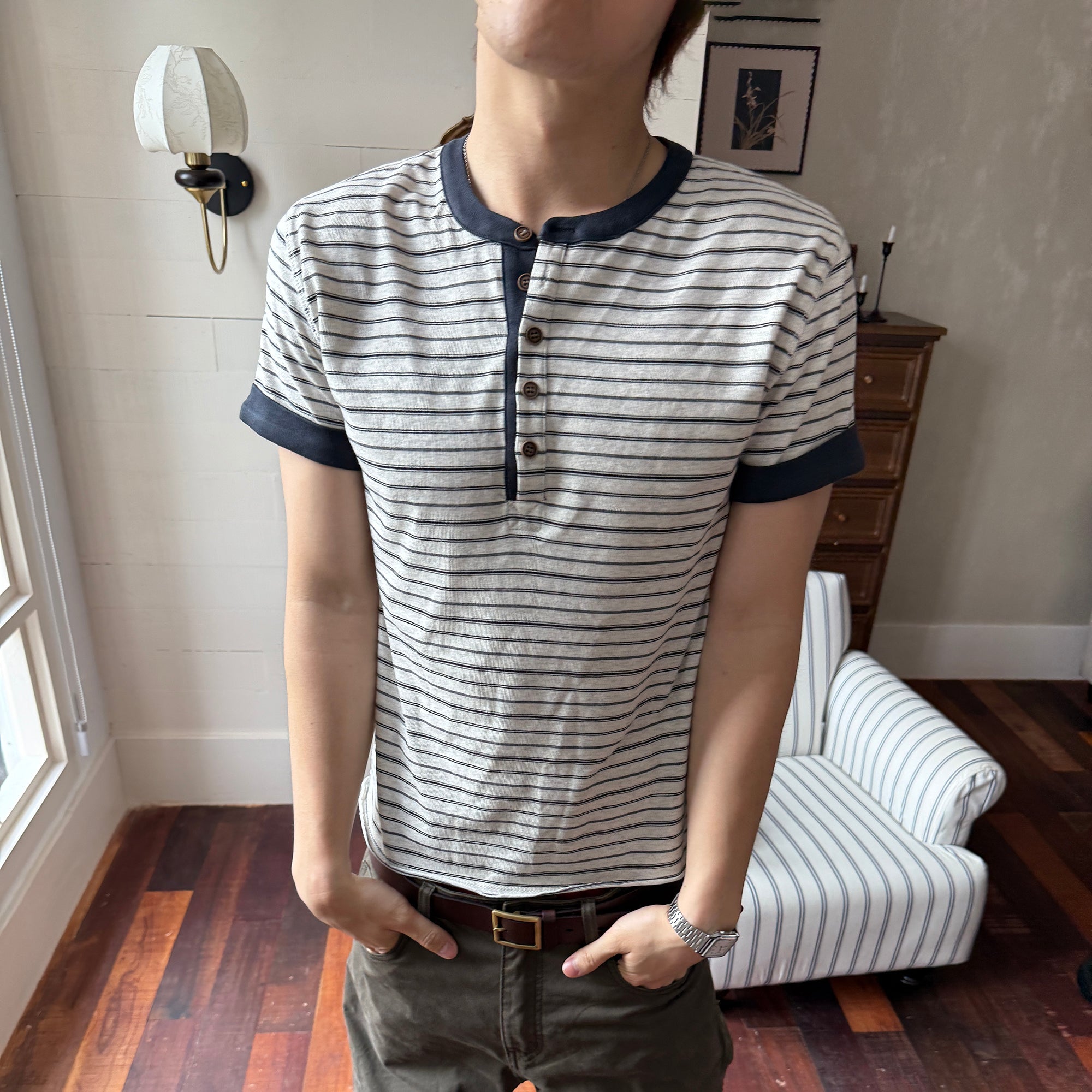 TRECLUB Stripe Henley T-Shirt-T Shirt-S (preorder)-Gray-Free Shipping Leatheretro