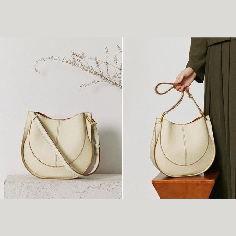 Luxury Soft Leather Crossbody Saddle Bag-Handbags-Beige-Free Shipping Leatheretro
