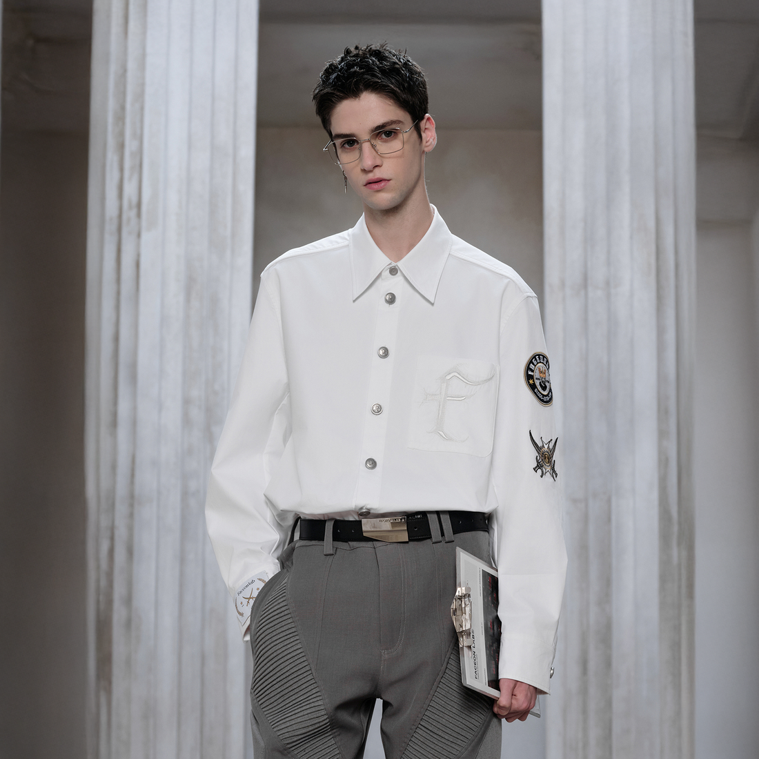 FACEONLAB Mental-Button Embroidered Badge-Patch Shirt White-Shirt-M-Free Shipping Leatheretro