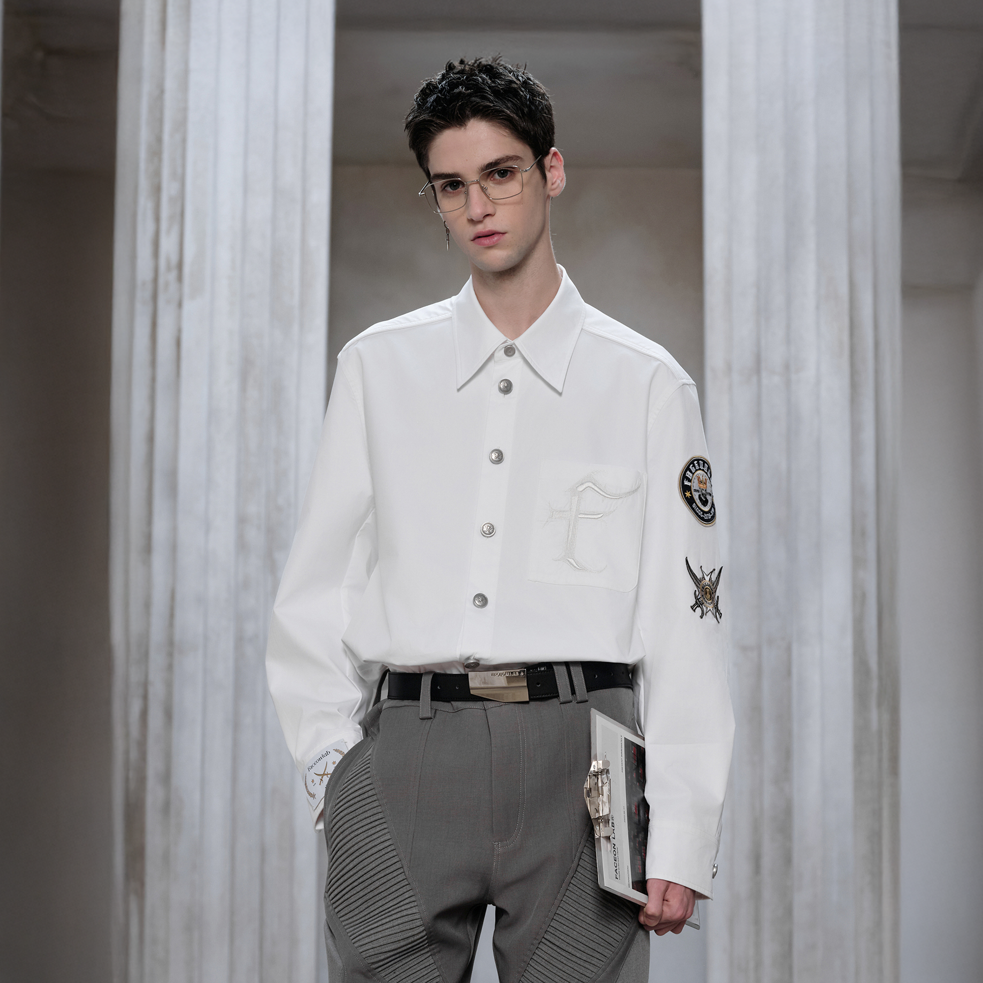 FACEONLAB Mental-Button Embroidered Badge-Patch Shirt White-Shirt-M-Free Shipping Leatheretro