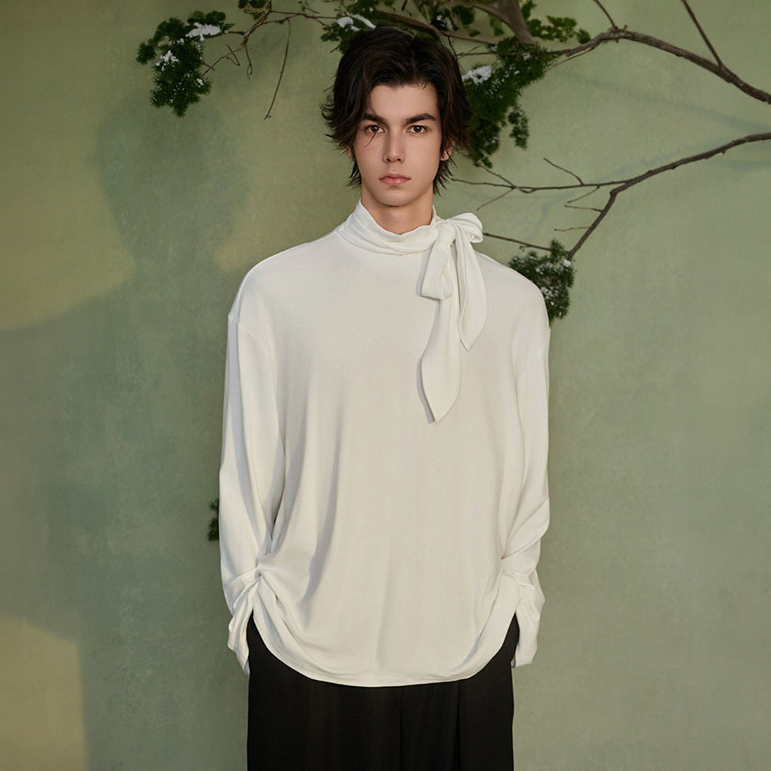 JIECHI Bow-Tie Stand-Neck Long-Sleeve Tee-L/S Tee-M-Free Shipping Leatheretro